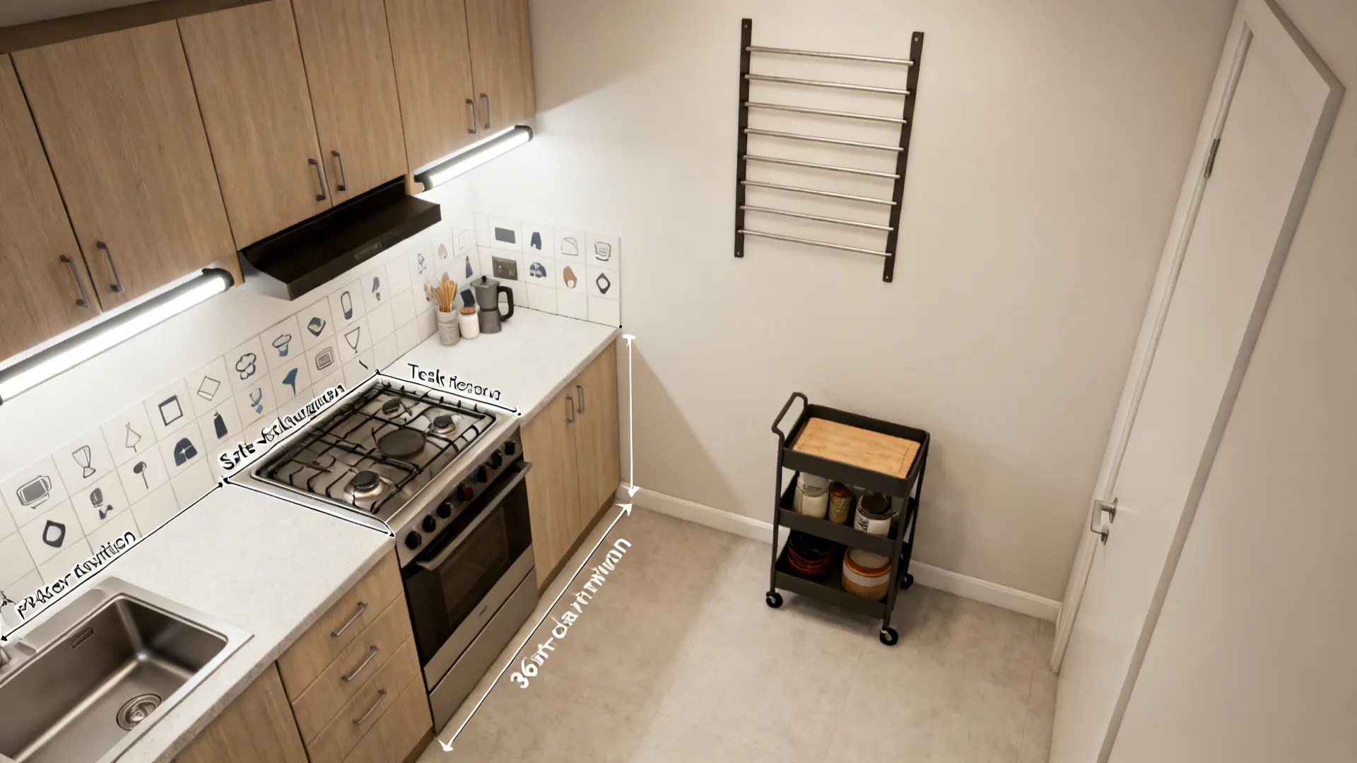 Top-down overview showing cart placement, peel-and-stick backsplash zones, task lighting, and vertical rails.