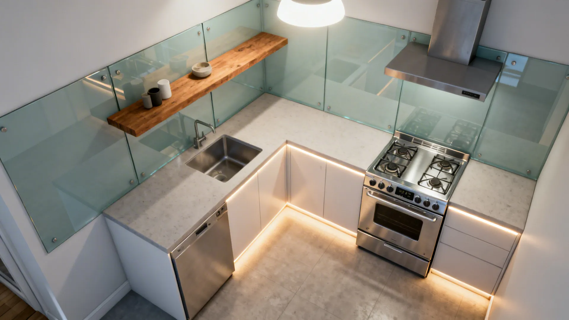Top-down vignette showing L-shaped zones, glass backsplash, wood shelf, compact range, and warm LEDs.
