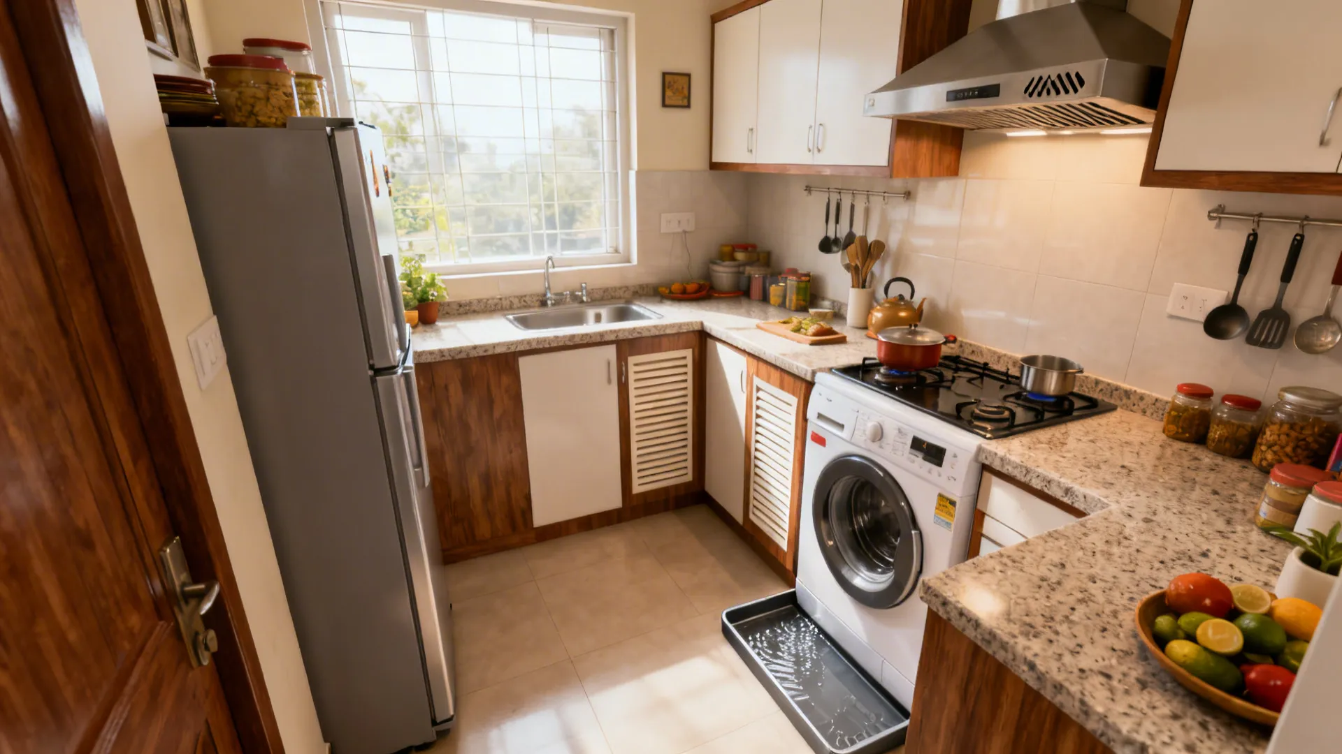 Compact kitchen overview showing L-shaped workflow, counter-depth fridge, washer near wet zone, and strong ventilation.