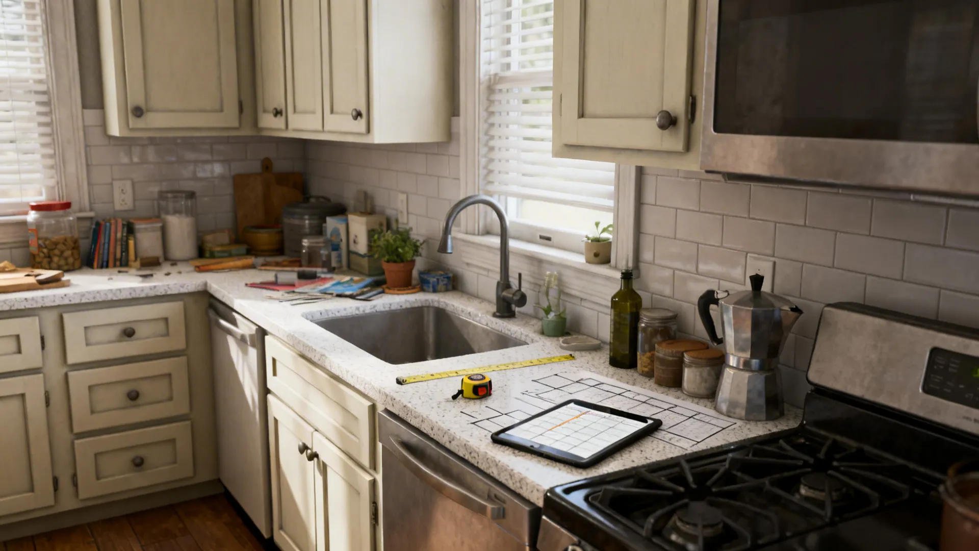 Compact kitchen with budget-friendly finishes and a tablet floor-plan on the counter illustrating planning and costs