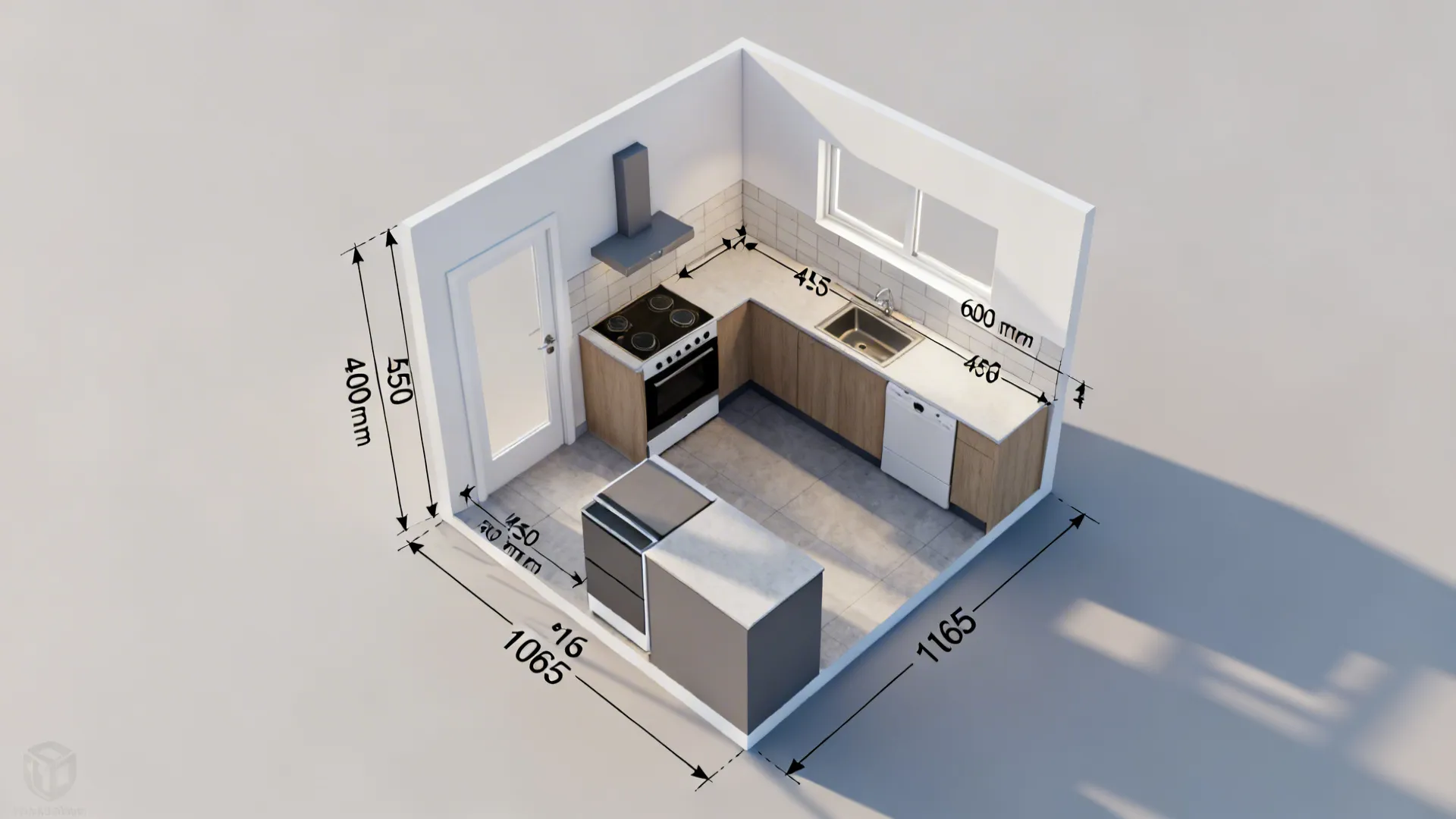 Top-down guide showing small-kitchen dimensions, clearances, and backsplash heights.