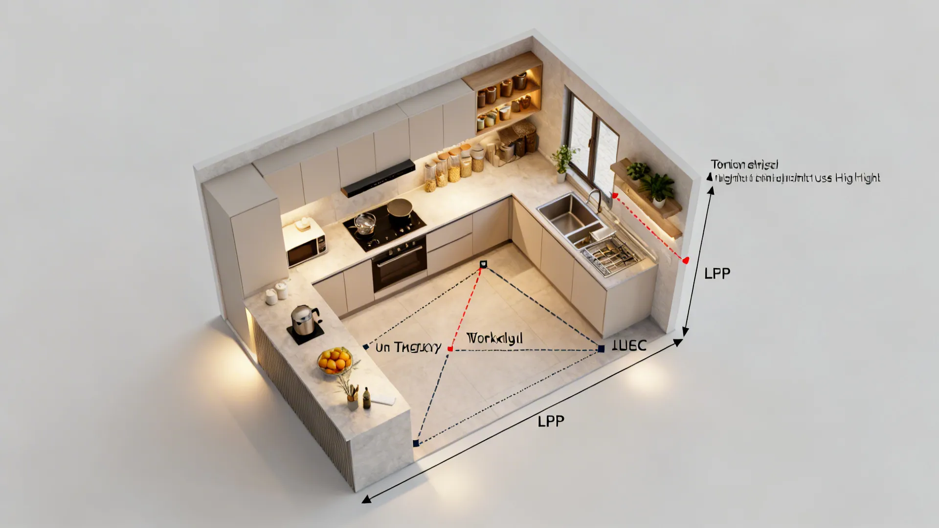 Interior design drawing showing a kitchen room layout with work triangle lines and labeled dimensions