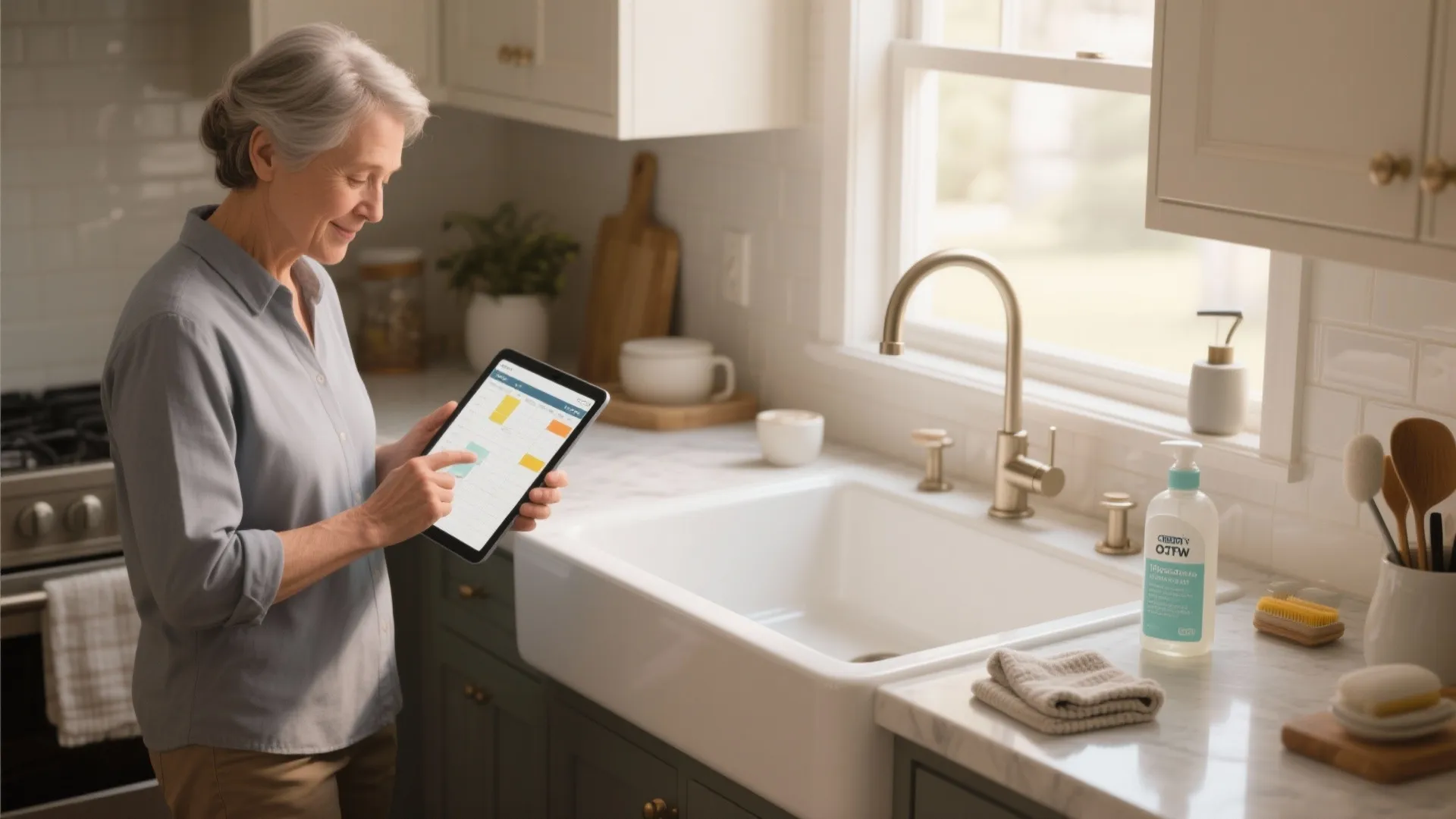 Homeowner using a tablet planner in front of a white undermount sink with cleaning supplies, illustrating maintenance and planning.