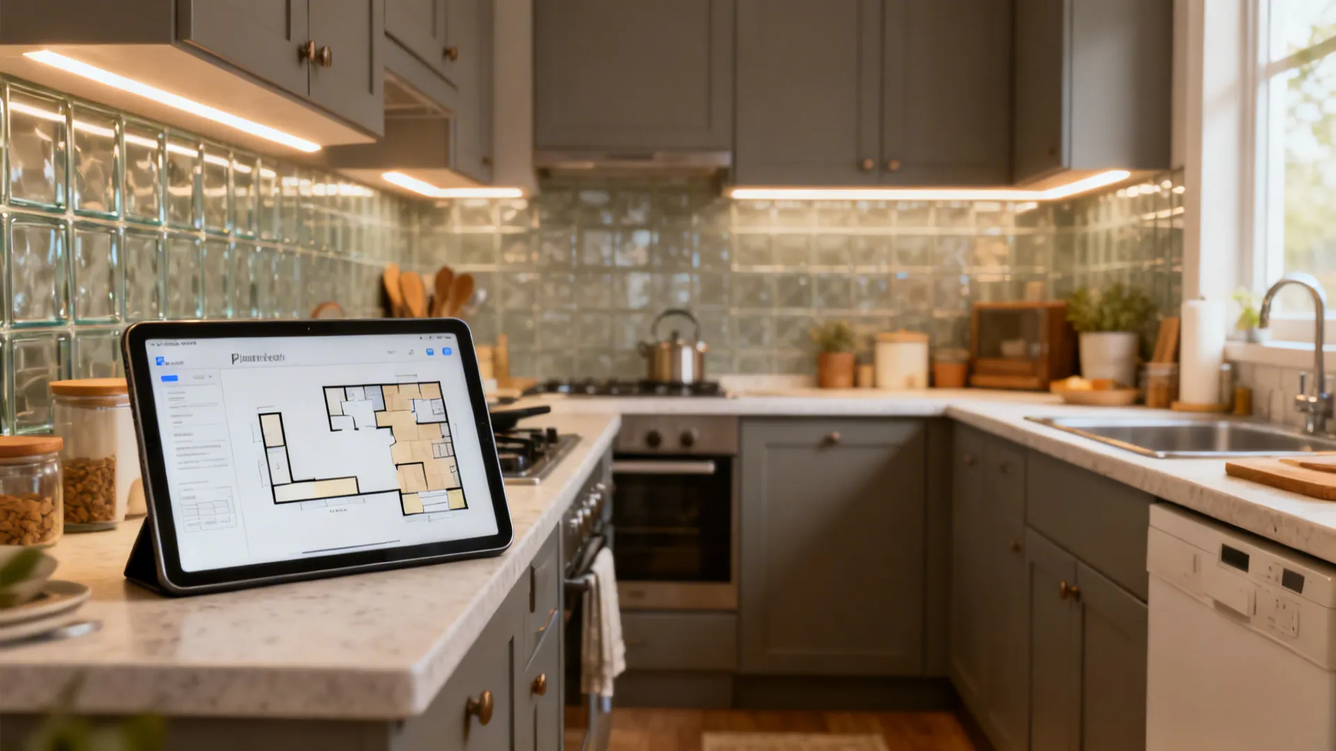 Compact kitchen with a tablet showing a room planner matching the real L-shaped layout.