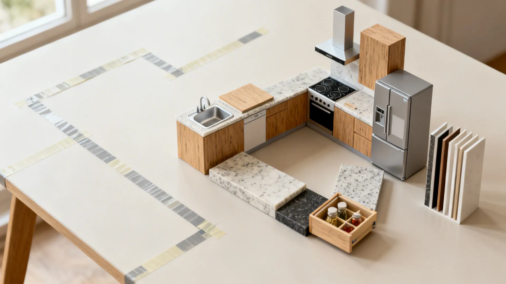 Top-down layout mockups with materials and storage inserts for modular kitchen FAQs.
