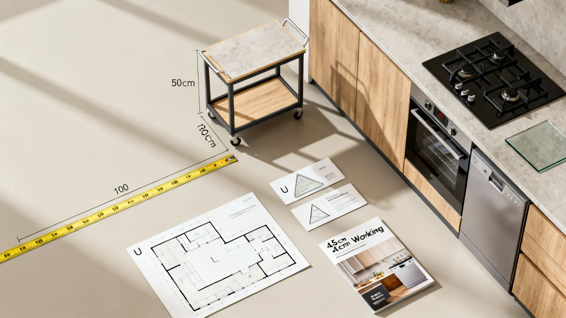 Top-down planning scene with aisle measurement, movable cart, tempered glass sample, and U/L layout cards.