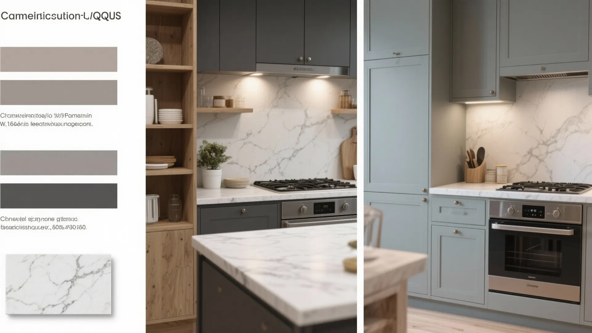 Collage showing grey swatches, white quartz sample, wood shelving and paint before-and-after.