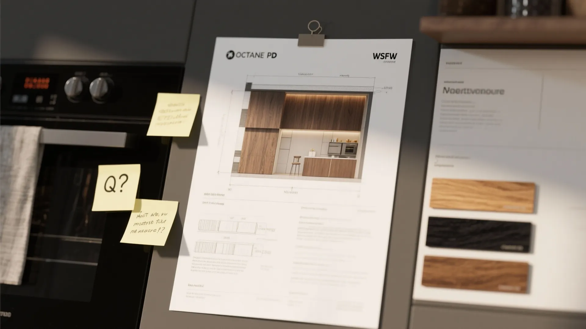 Kitchen interior design drawing pinned on wall next to wood samples and yellow sticky notes