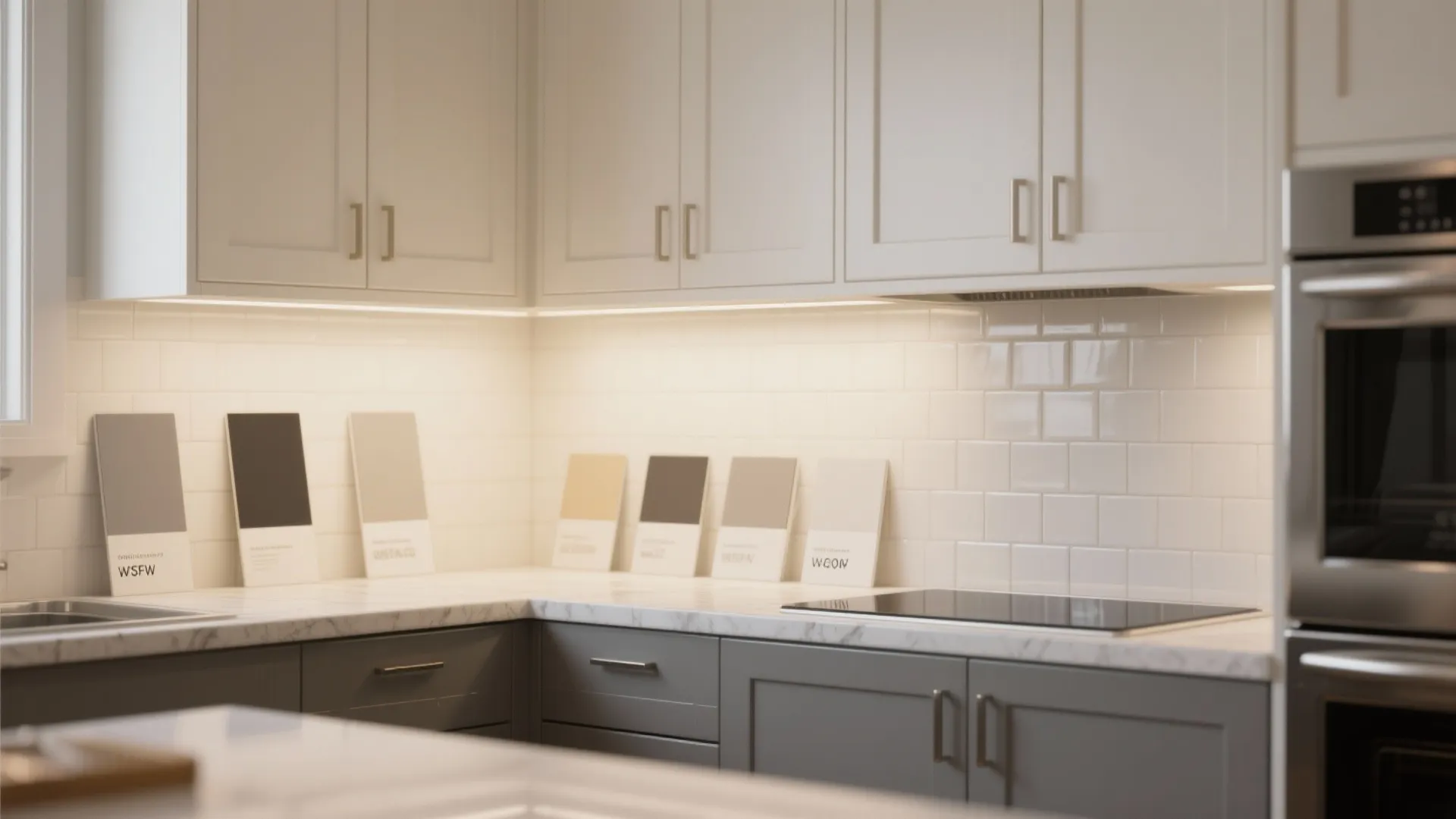 Kitchen sample cards showing warm white, mid-grey, finish options, stainless edge and tile sample for FAQs.