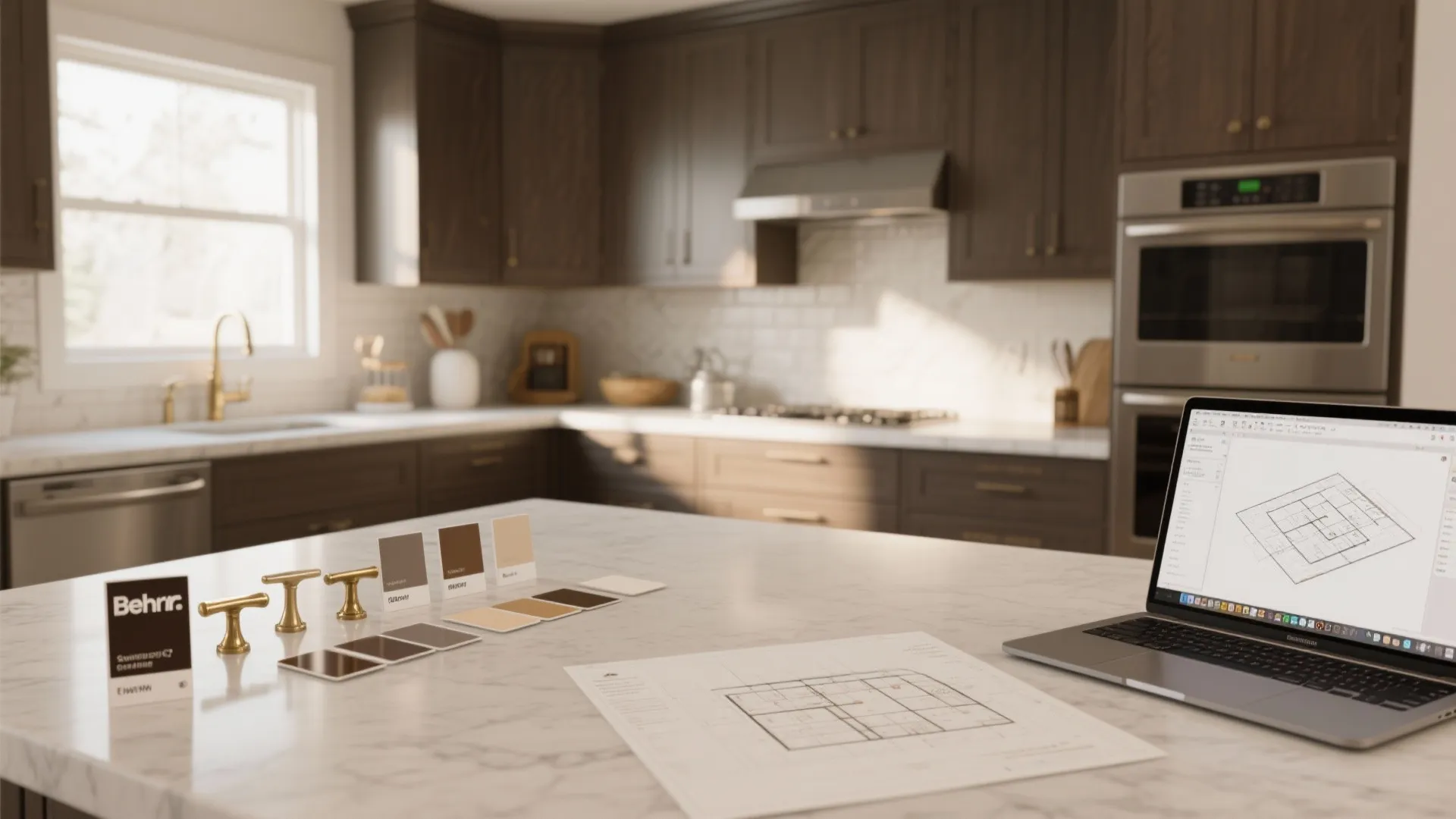Small kitchen with paint samples, hardware options and a laptop open to a 3D planner.