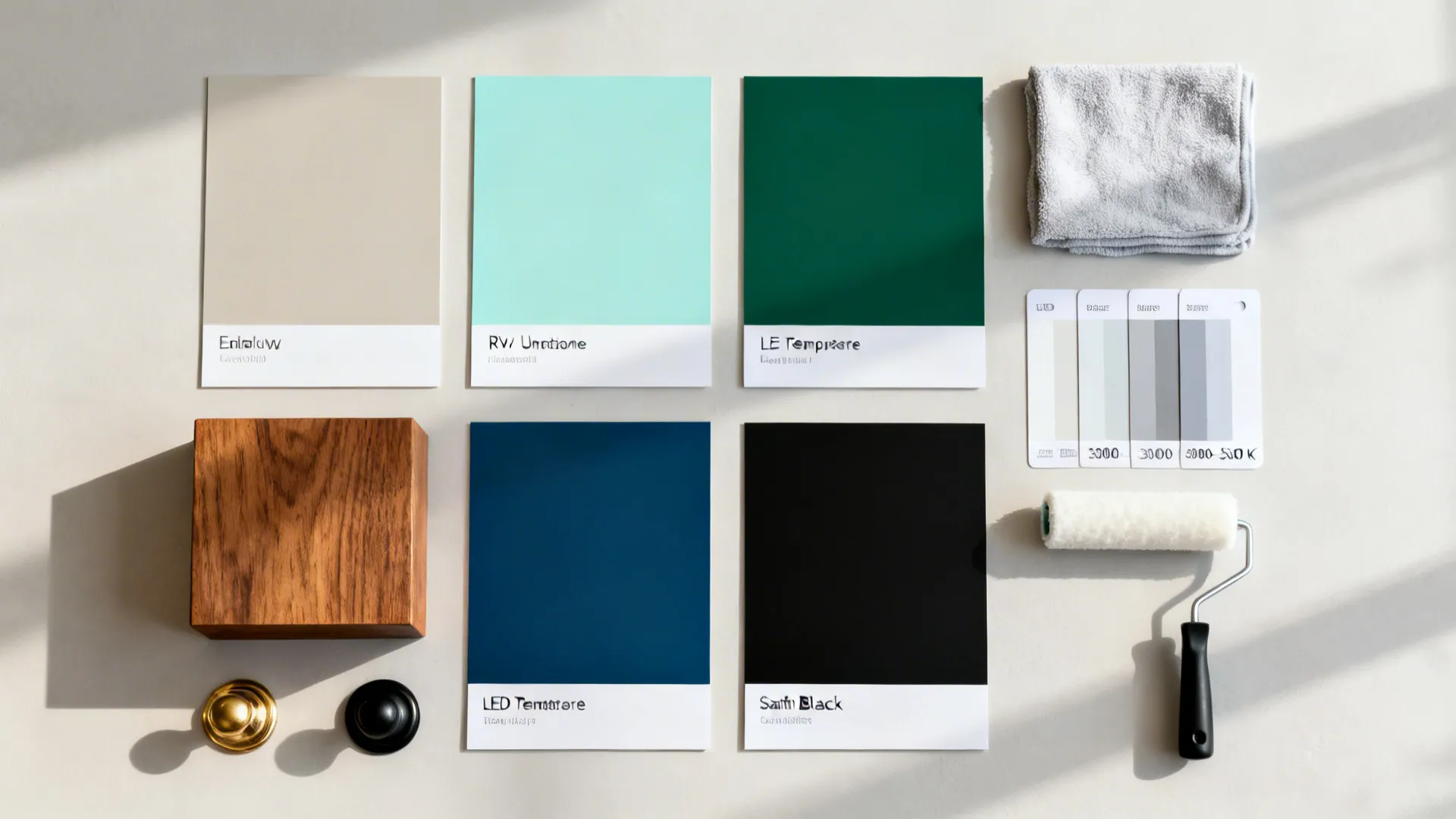 Flat lay of paint swatches, oak block, hardware, and tools to guide trolley color decisions.