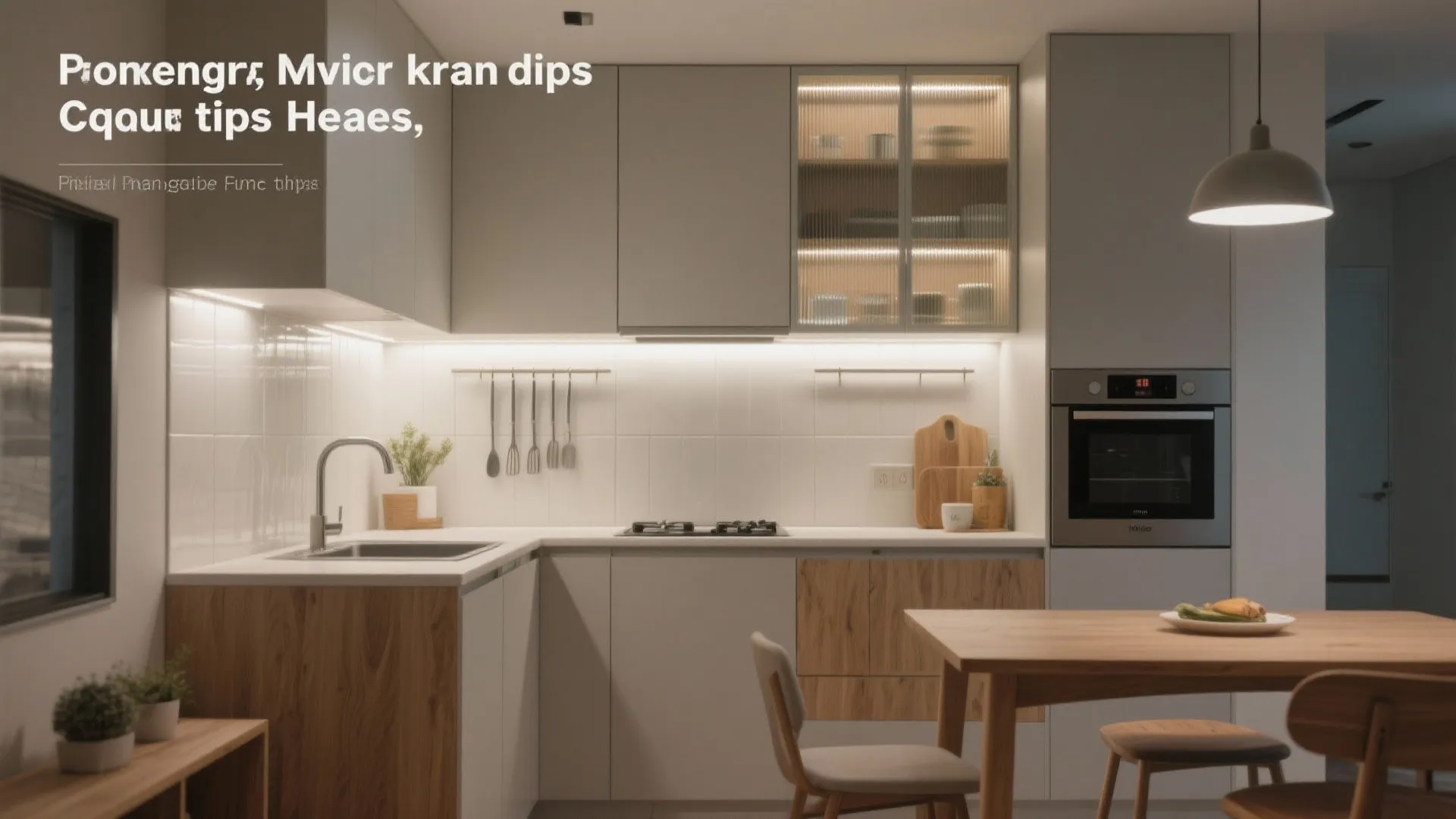 Modern kitchen with light grey cabinets under cabinet lighting wooden dining table and simple light