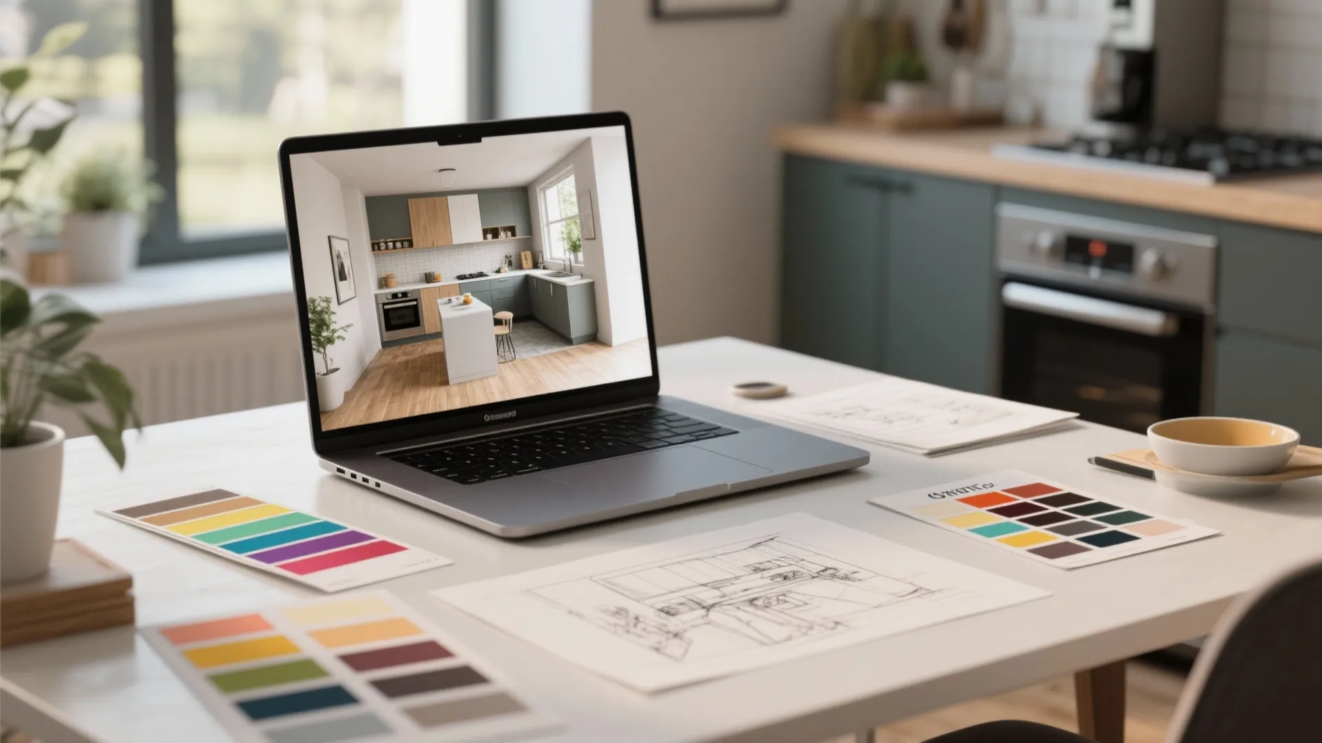 Designer workspace with laptop showing a 3D kitchen mockup, swatches, and floor sketches