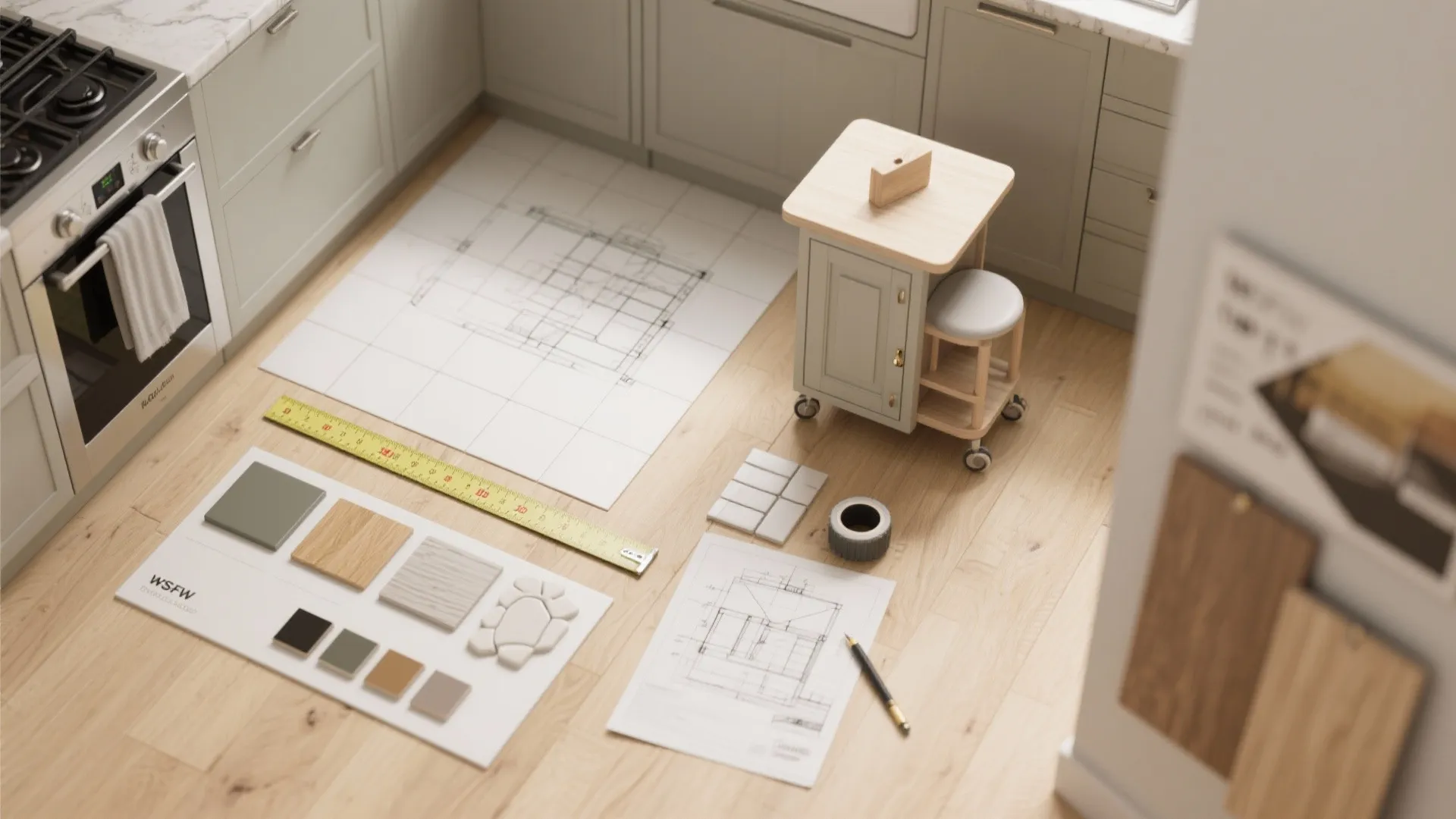 Kitchen floor with interior design drawings color samples ruler and small cabinet with wood top