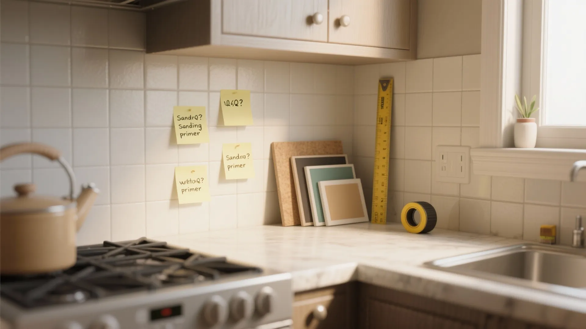 Small kitchen corner with sticky-note FAQ reminders, paint samples and tools illustrating common sanding and primer questions.