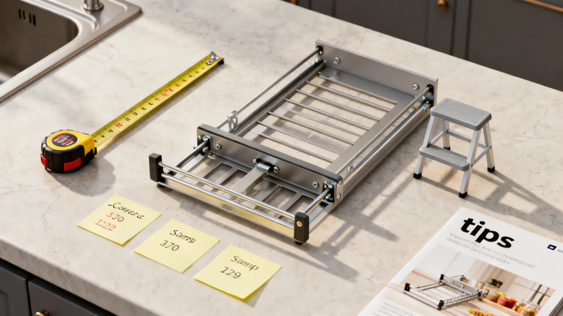Arranged small-kitchen planning tools like measuring tape, pull-out shelf sample and step stool for FAQ illustration.