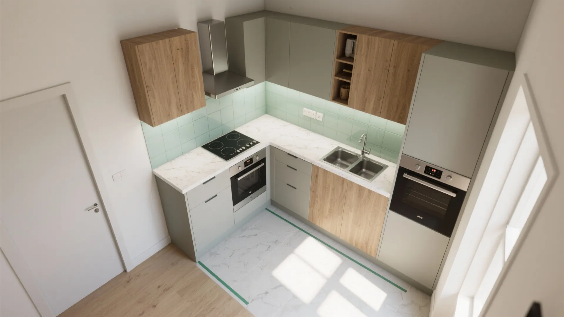 Modern L-shaped kitchen interior design with wood and grey cabinets marble countertops and green tiles
