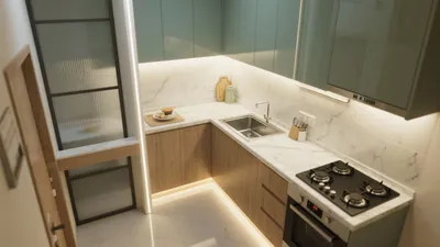 Modern L-Shaped Kitchen with Sage Green Cabinets & Smart Lighting