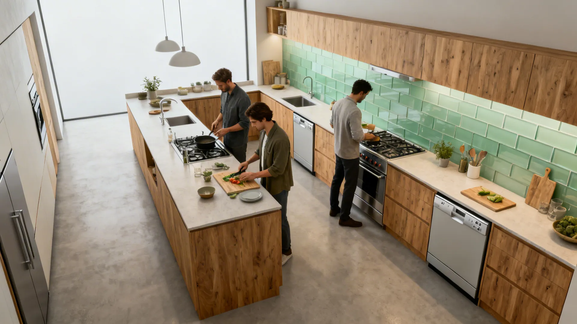 Top-down vignettes showing aisle width, L-shape for two cooks, slim dishwashers, and backsplash options.
