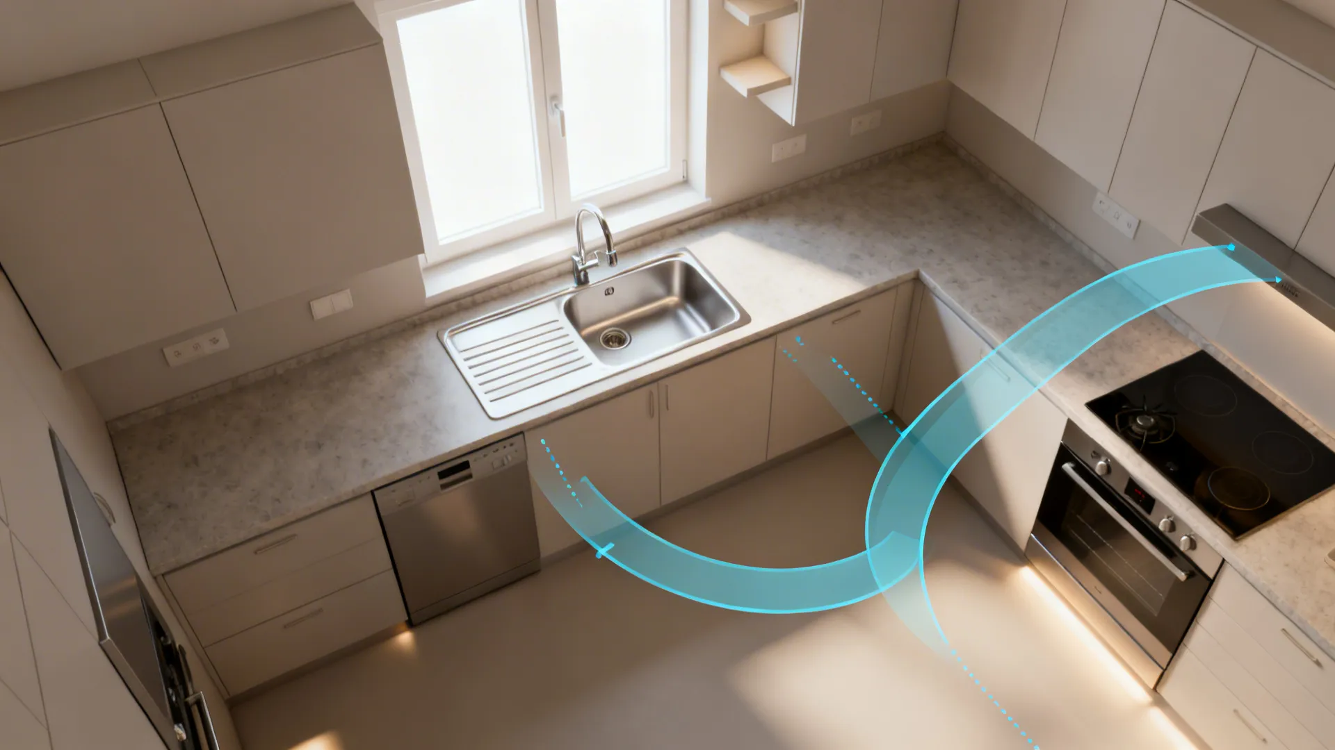 Top-down instructional kitchen view showing sink under window, appliance arcs, landing zones, and lighting areas.