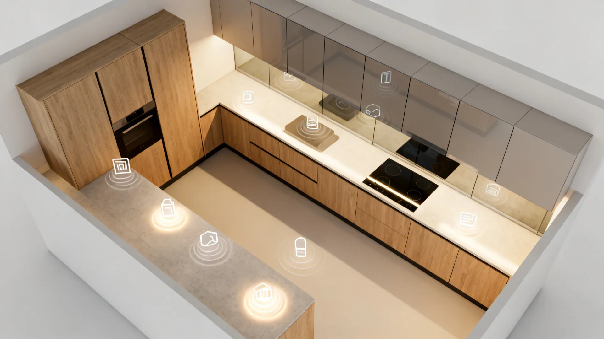 Top-down compact kitchen diagram showing clear zones, tall storage, glass backsplash, and lighting layers.