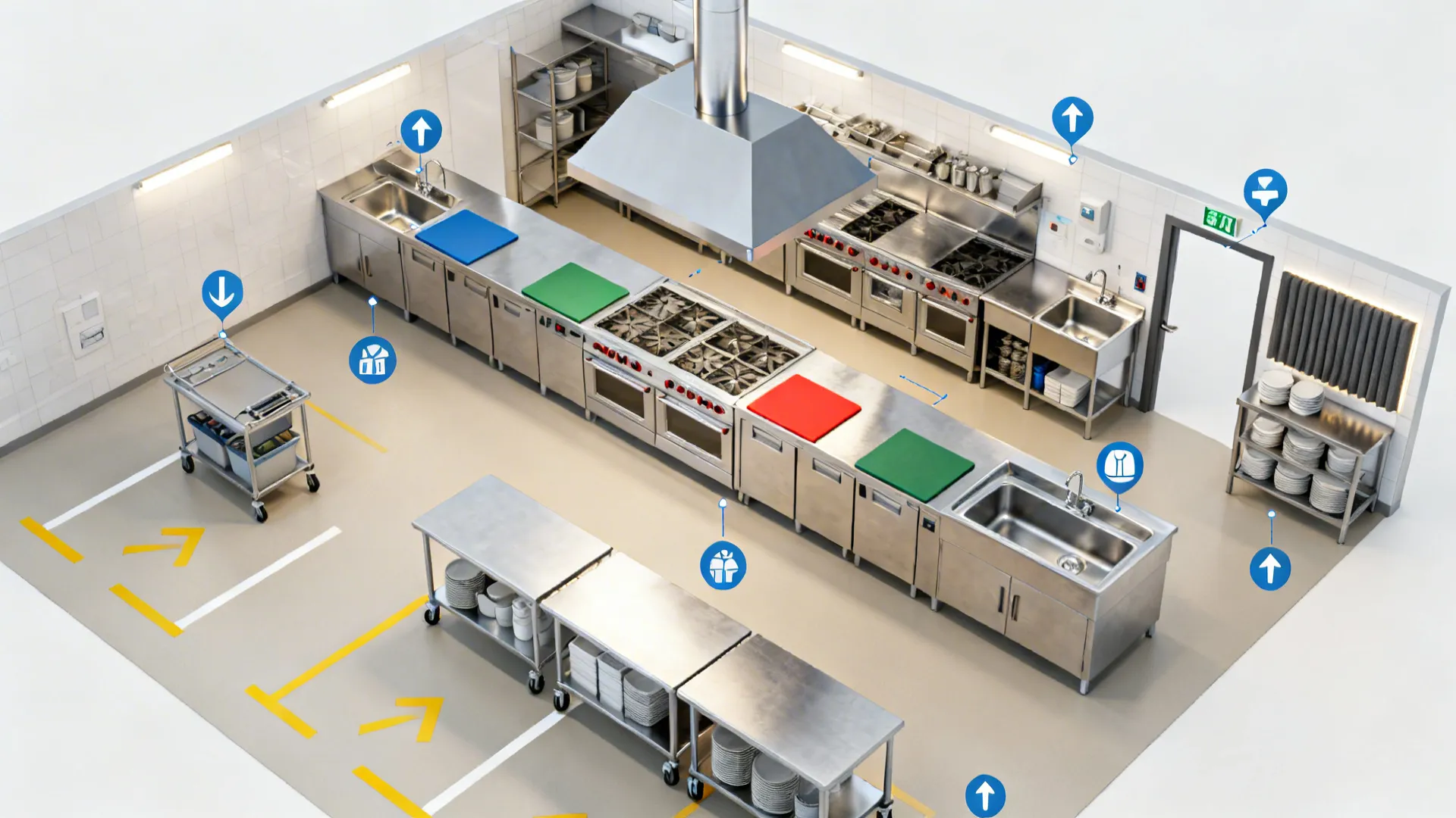 Top-down compact kitchen diagram highlighting aisles, hooded hot line, dish pit location, and zones.