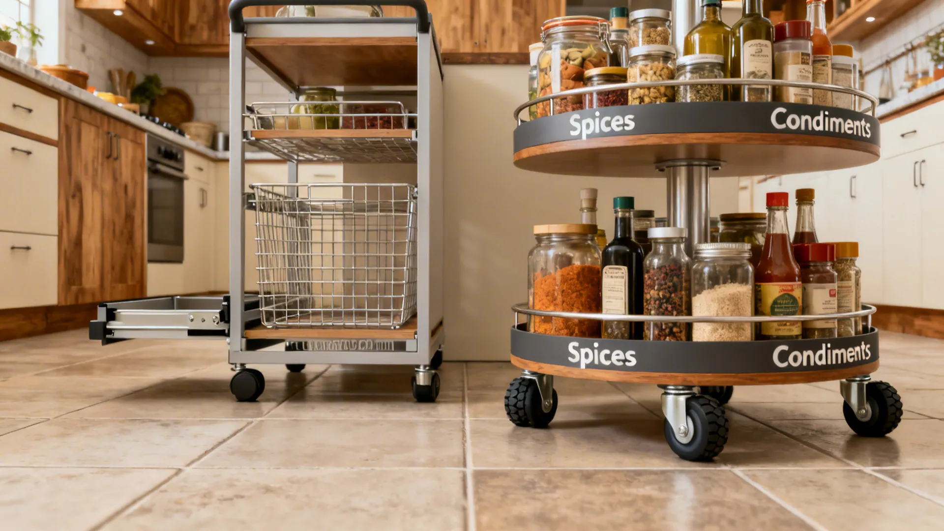 Kitchen trolley with circular shelves holding many spice jars and oil bottles on tiled floor