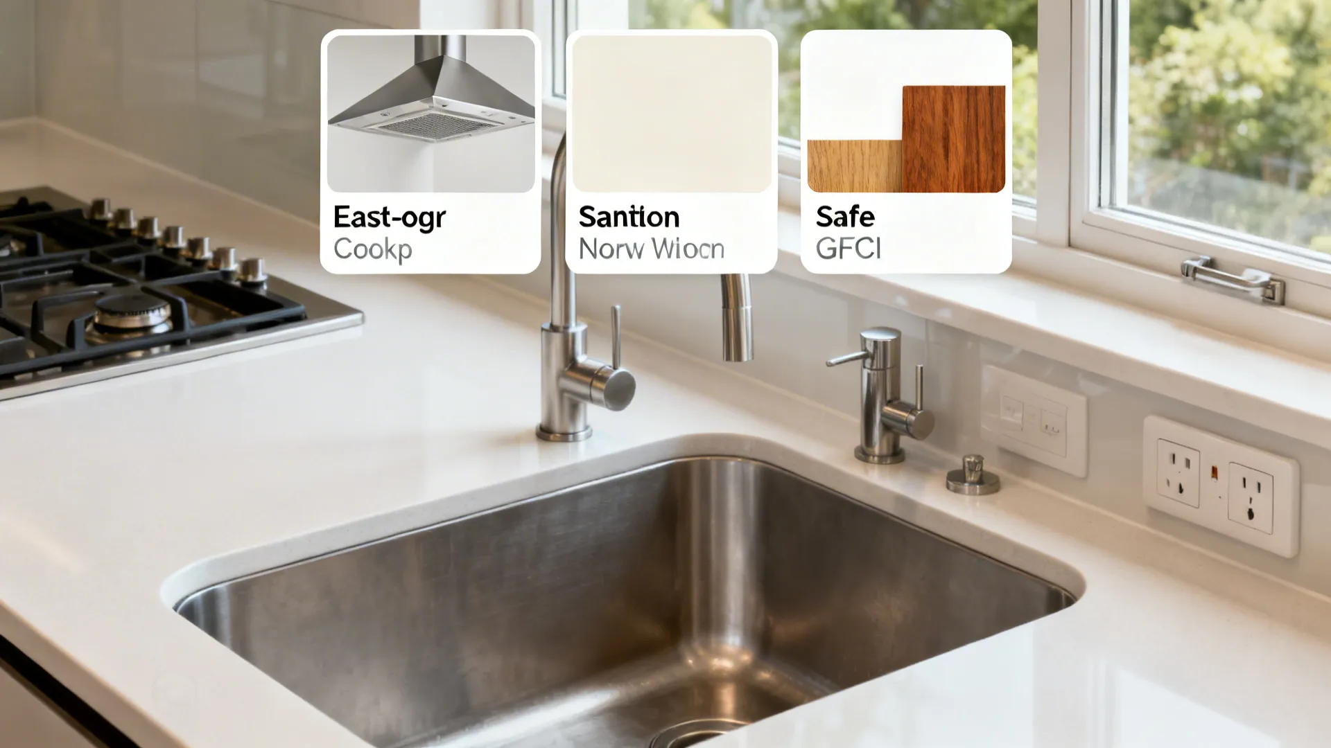 Macro collage of east-facing cooktop, north window sink, finishes, vent hood, and safe outlets.