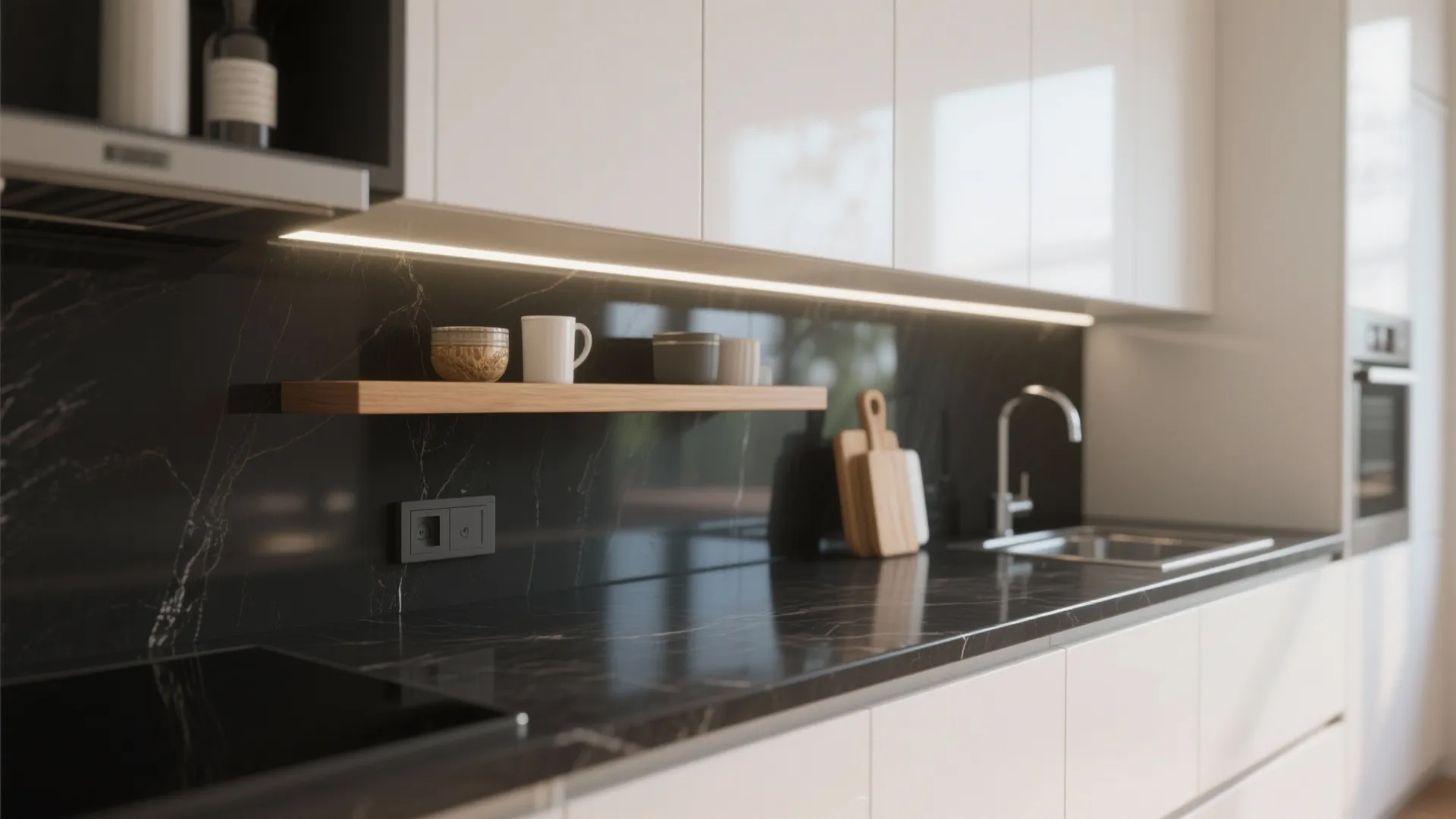 Kitchen vignette with under-cabinet lighting, matte black countertop, white cabinets and sealed wood shelf near sink.