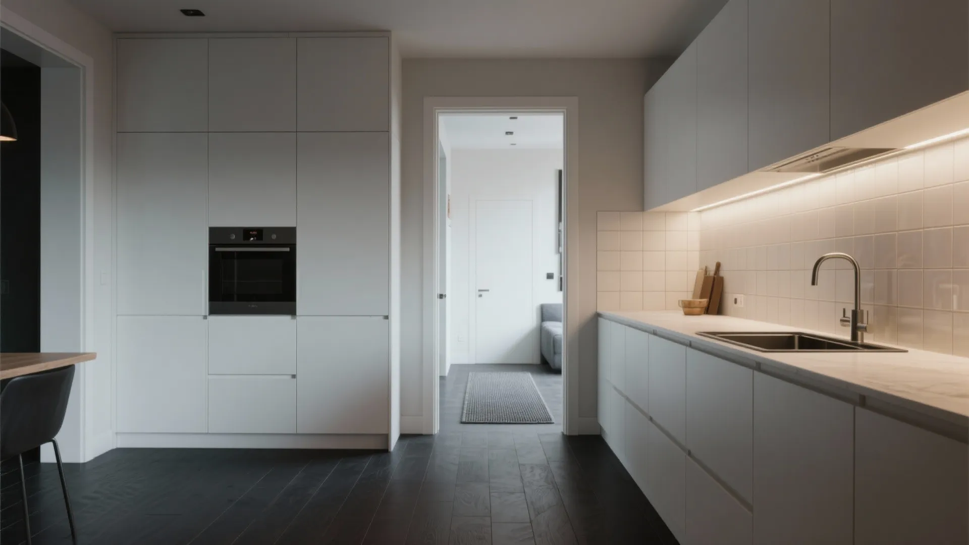 Modern white kitchen with built in oven white cabinets dark wood floor and light fixture