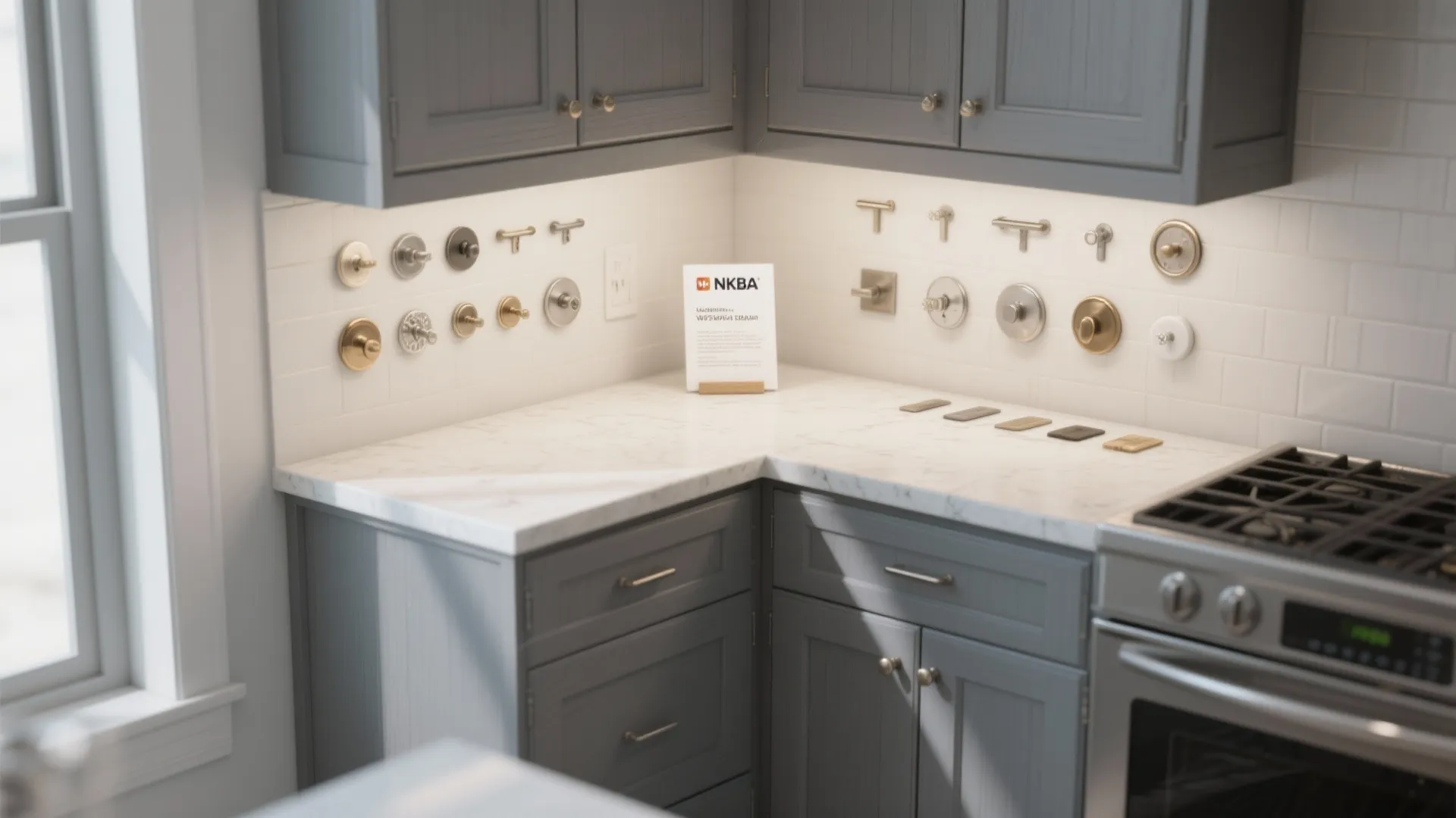 Gray kitchen cabinets with marble countertop showing various metal knobs and handles on the white wall