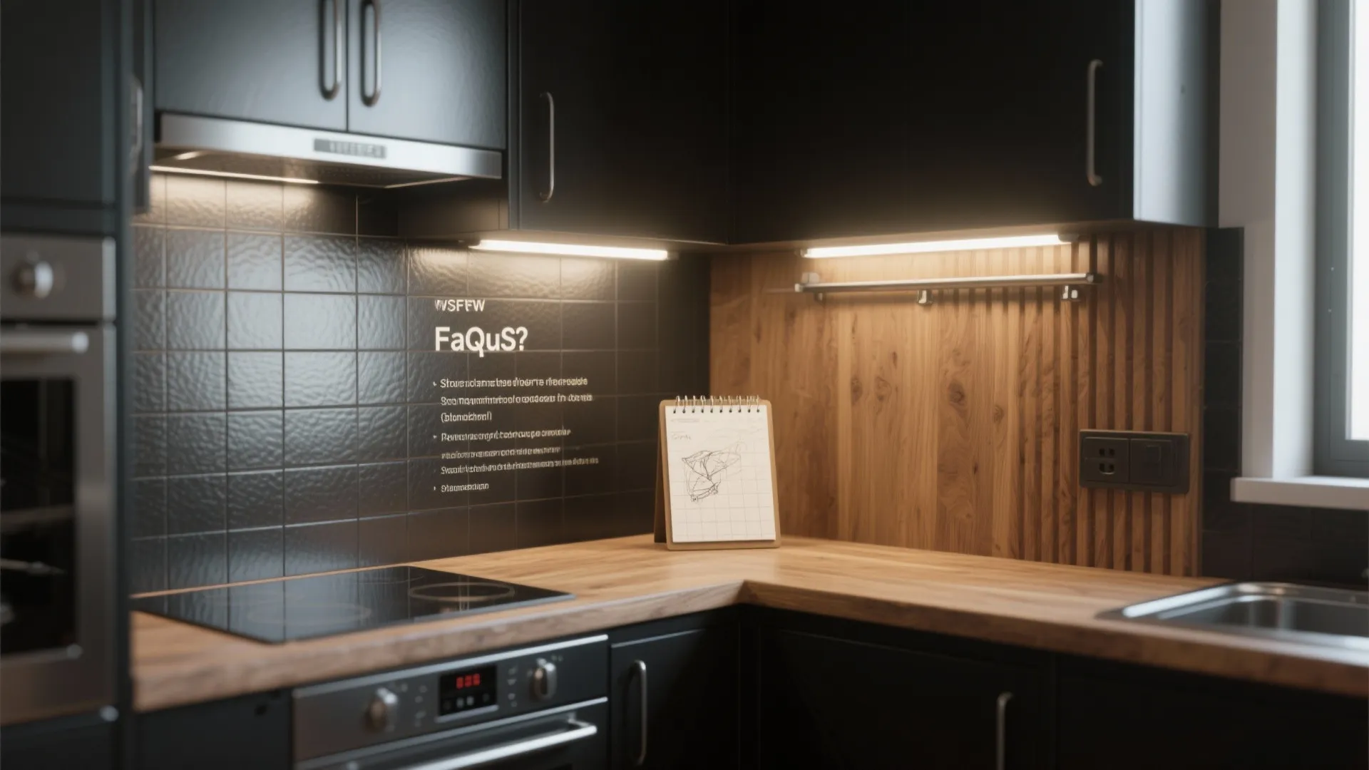 Vignette showing brushed stainless, textured black cabinet, wood accent, and a planner sketch illustrating tips.