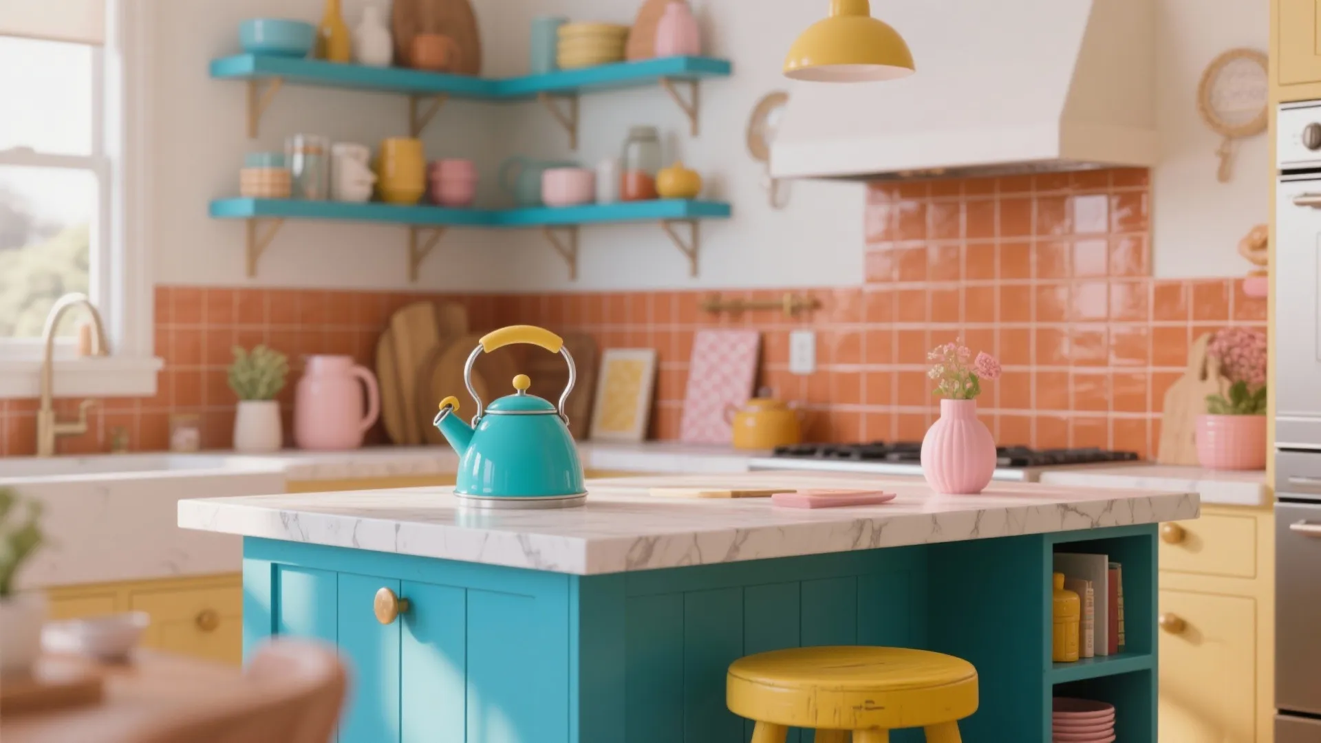 Kitchen vignette showing small accent examples like a coloured kettle, painted island and terracotta tile.