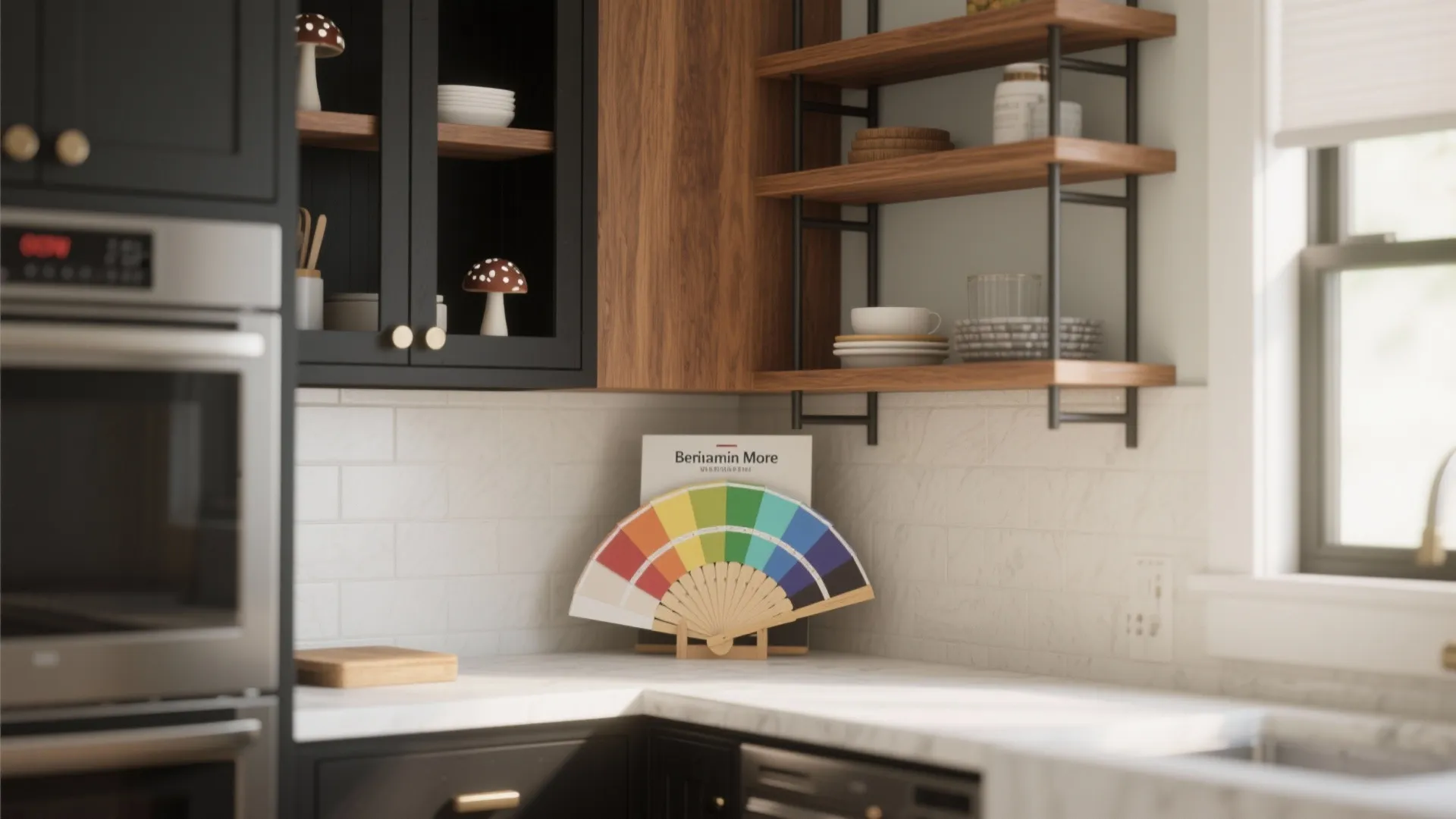 Kitchen vignette with mushroom cabinets, mixed shelving and color fan samples for choosing tones.