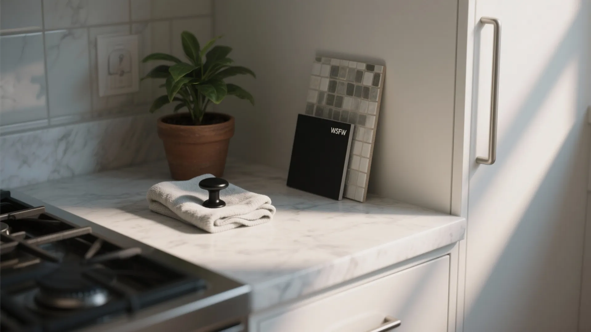 Kitchen vignette with plant, microfiber cloth, and material samples on white cabinetry