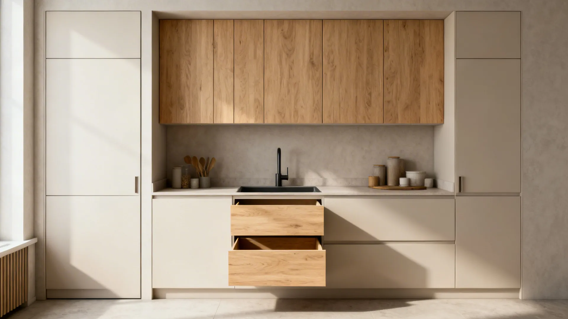 Compact kitchen vignette showing BWP sink base, MR uppers, birch drawer, and calibrated tall door.