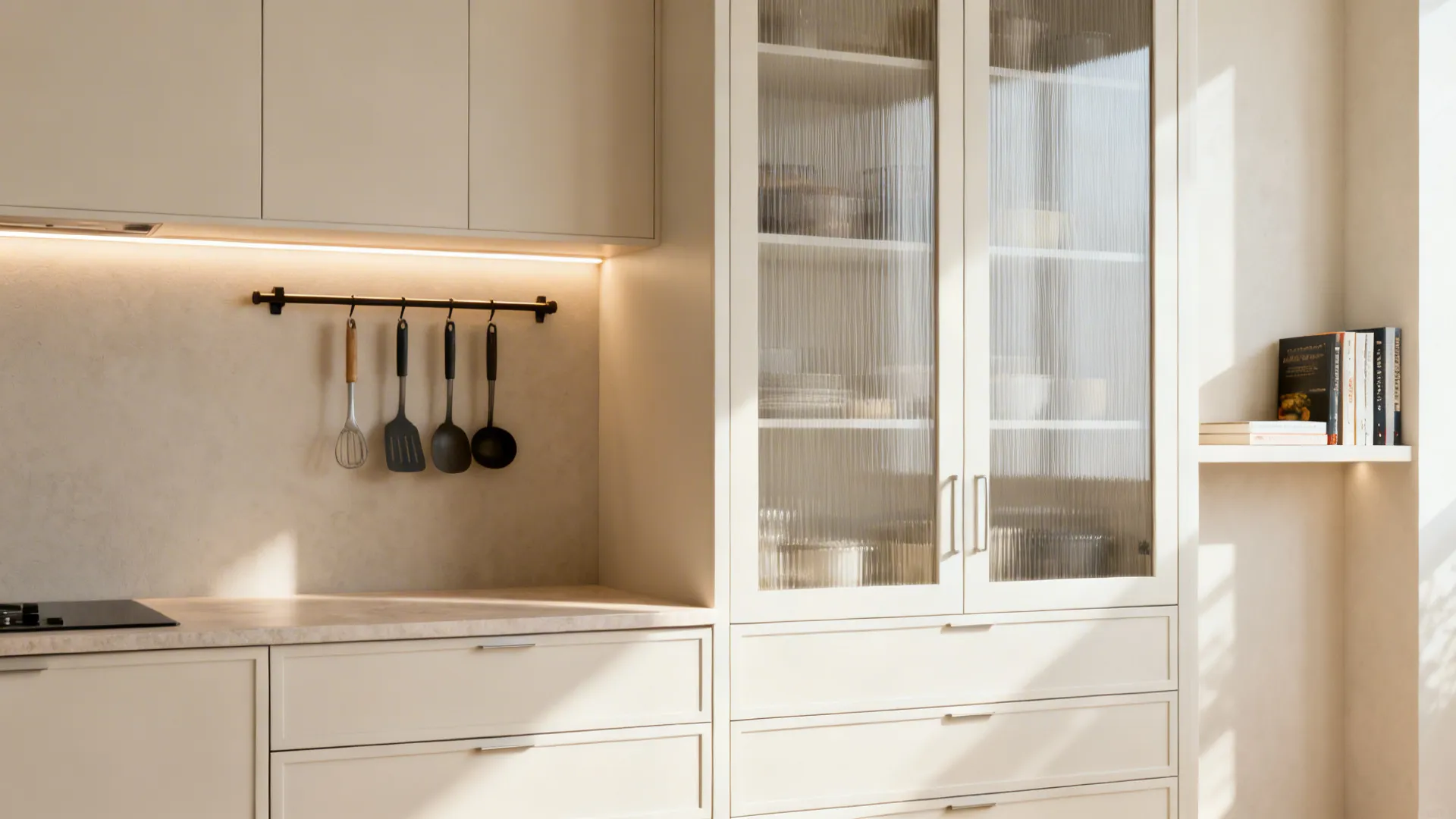 Cabinet-free kitchen vignette with drawers, tall pantry, LED lighting, and a small rail.