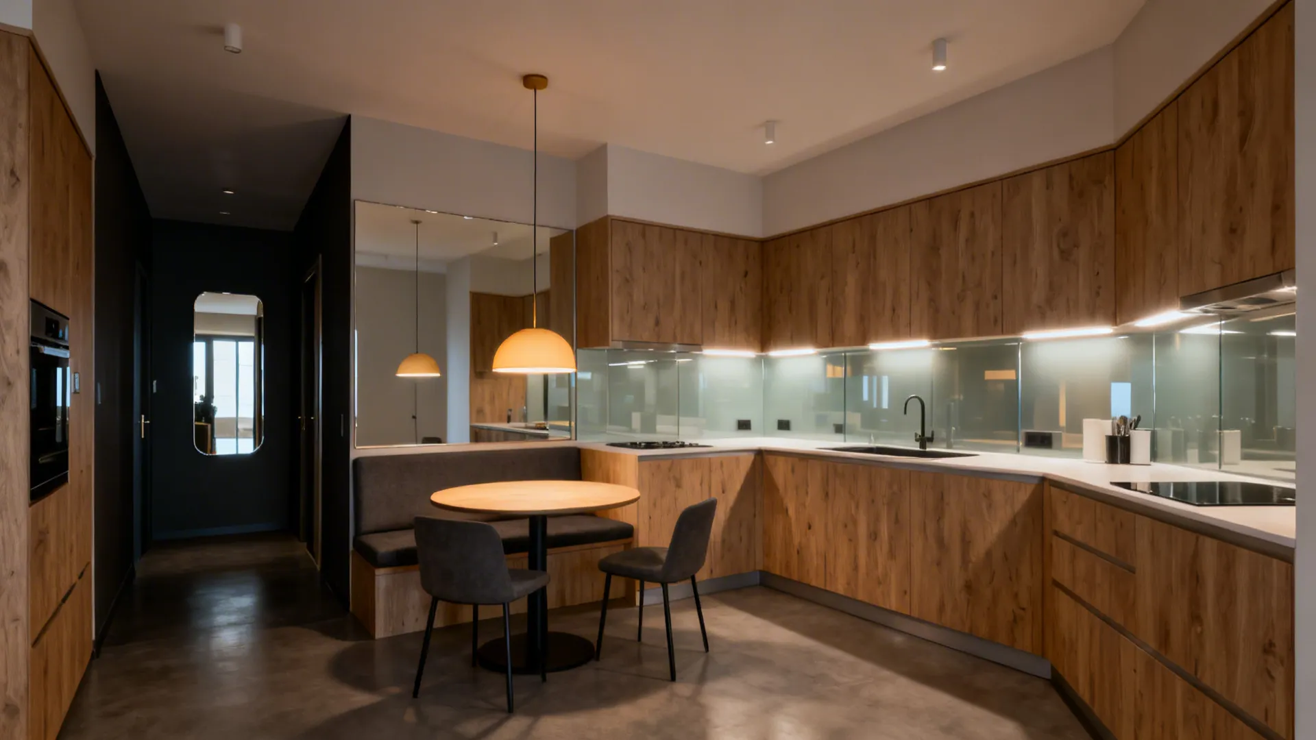 Wood kitchen cabinets with white counter and small dining table set under warm ceiling light
