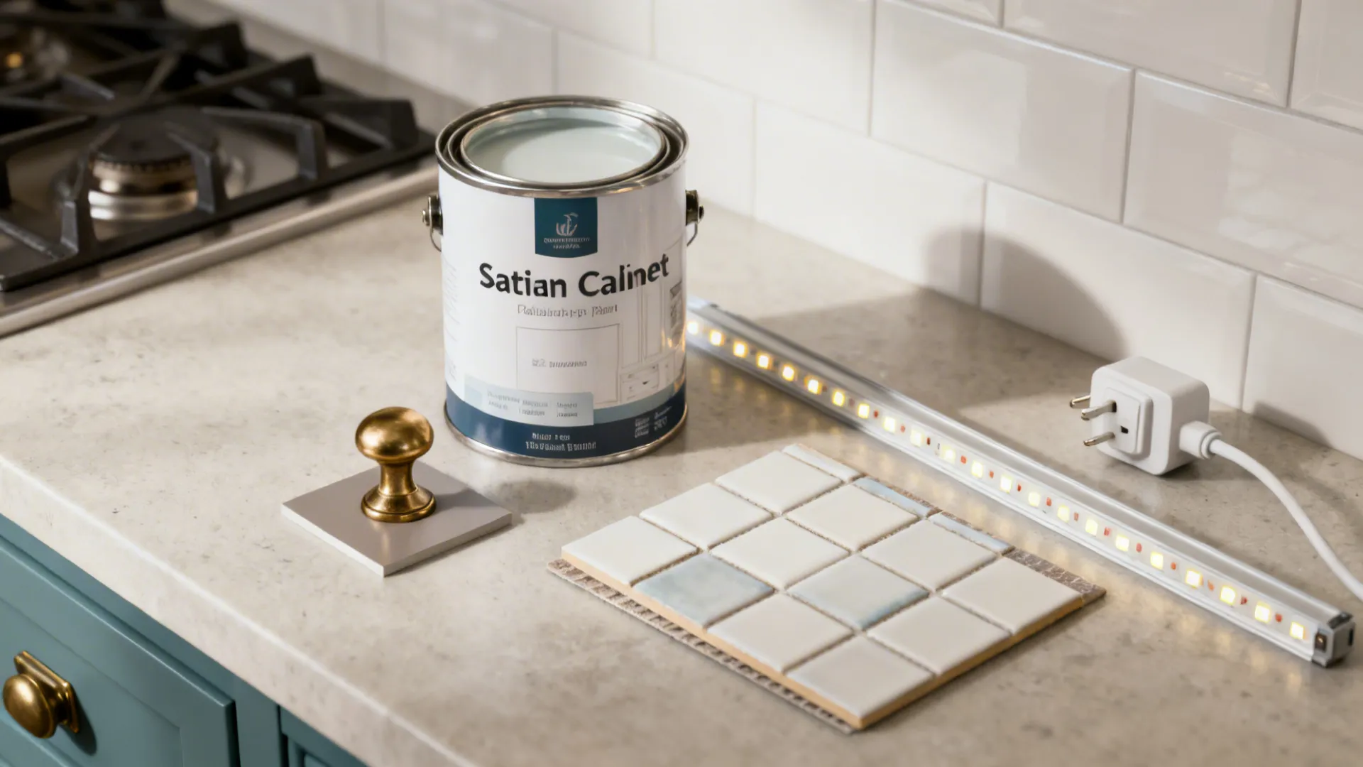 Kitchen vignette with paint, a knob sample, peel-and-stick tile and an LED strip answering remodel FAQs.