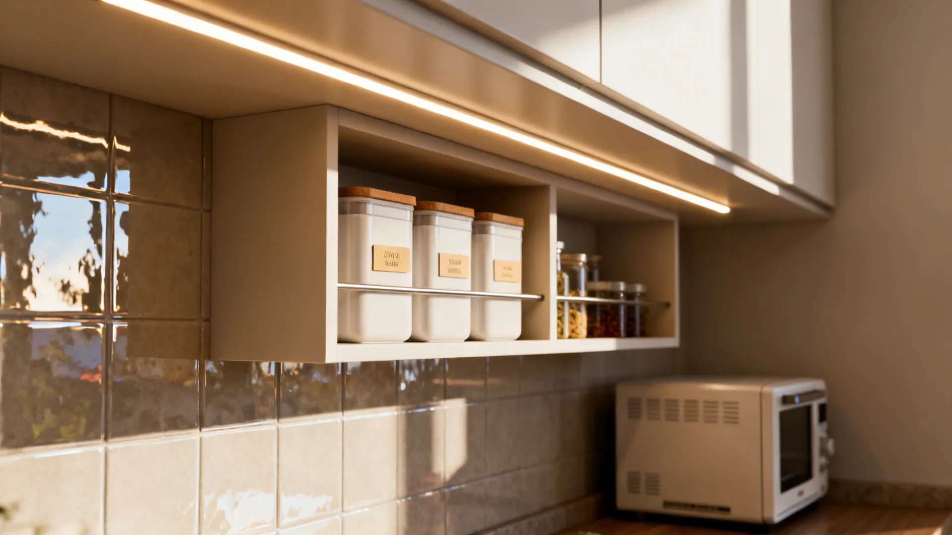 Vignette showing lighting, open shelving, and compact appliance solutions in a small kitchen