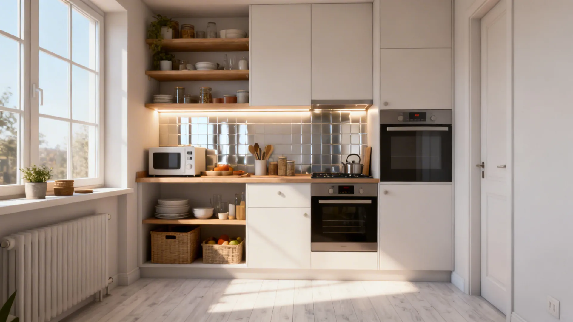 Bright small kitchen with mixed open shelving and cabinets, light flooring and compact appliances.