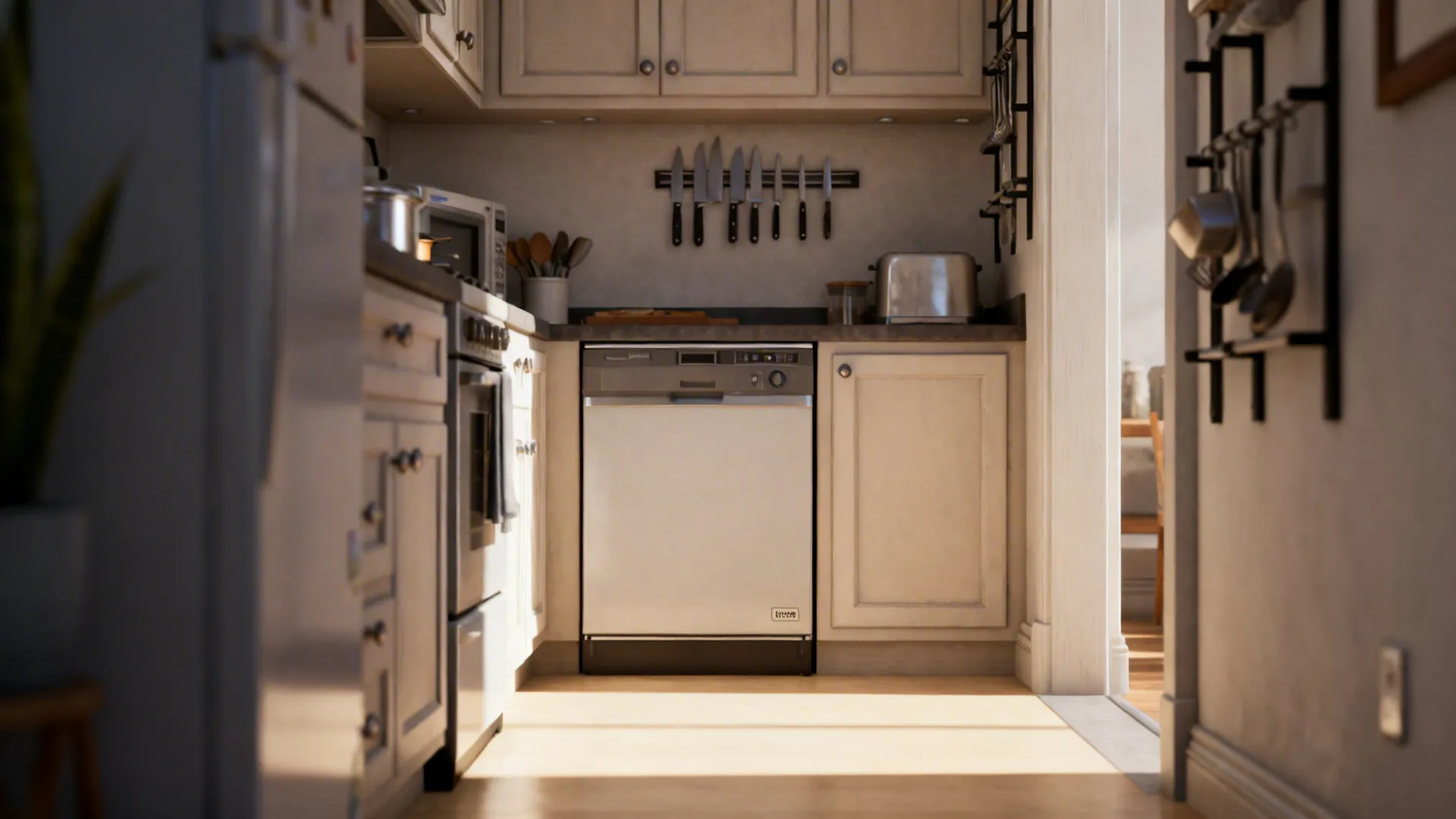 Small kitchen vignette showing a compact dishwasher, continuous light flooring, magnetic strip and vertical storage rails.