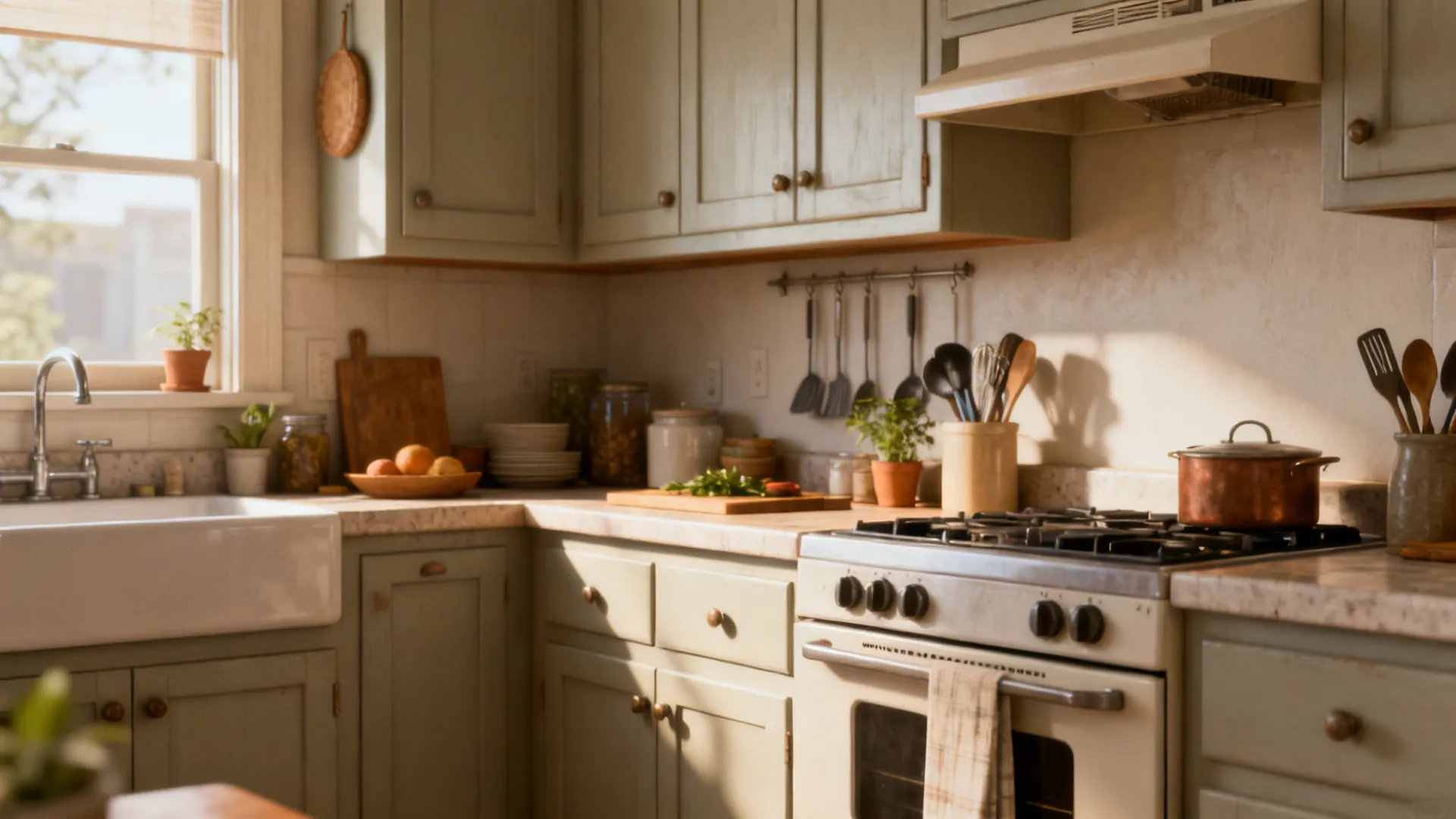 Cozy rustic kitchen with light green cabinets white sink gas stove and warm natural sunlight
