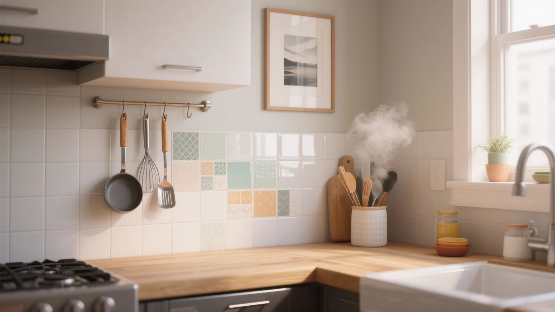 Bright kitchen with wood counter white tiles hanging pans steam from utensils and a side window