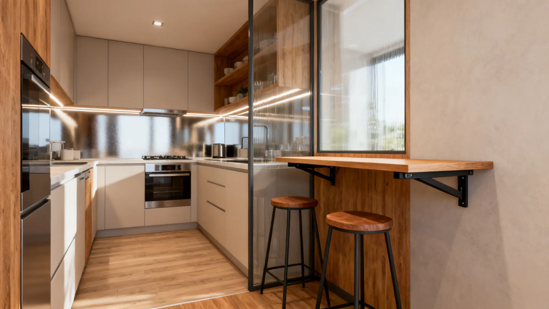 Compact L-shaped kitchen with task lighting, folding table, and a glass screen separating dining.