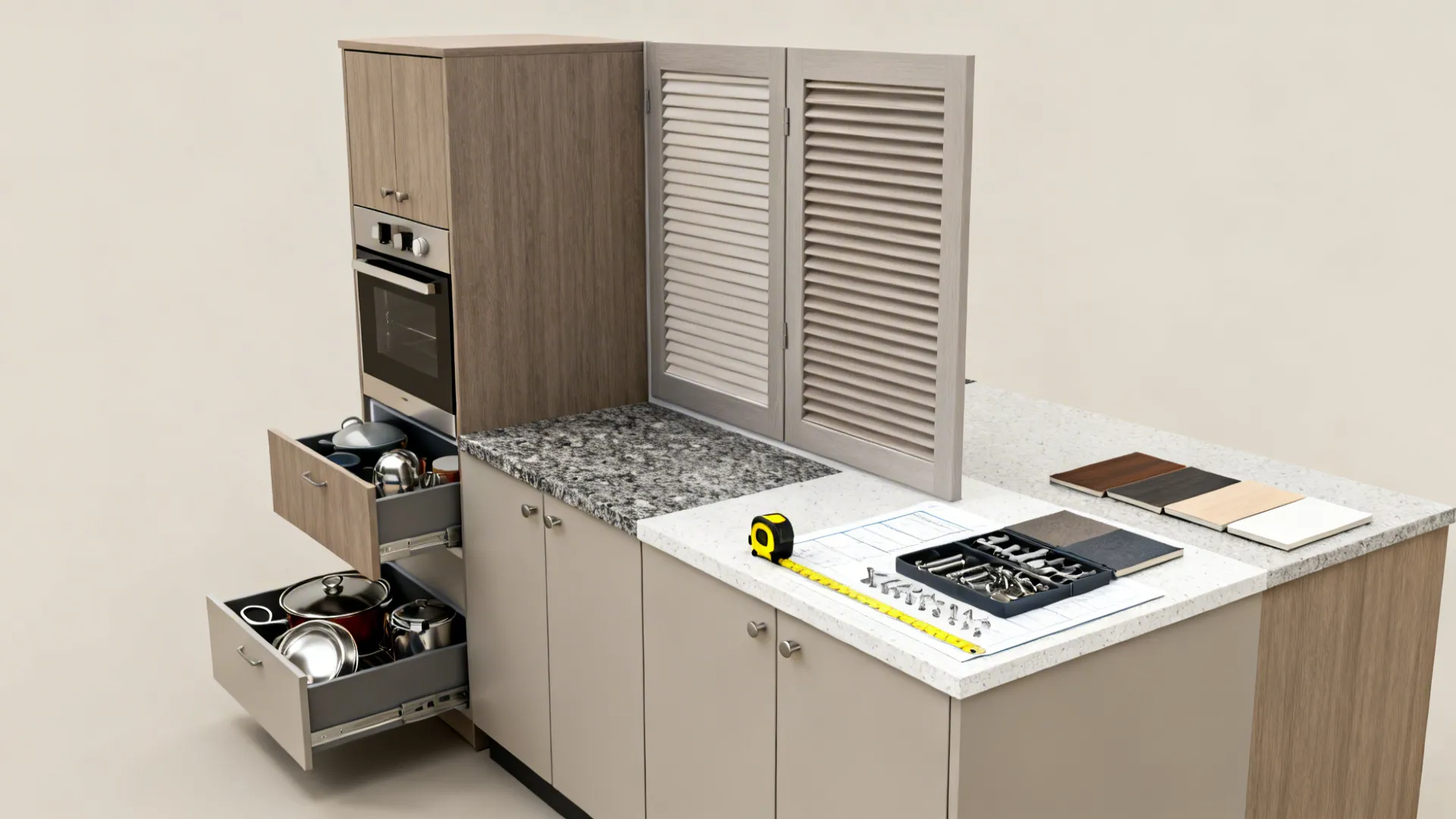 Kitchen cabinet design featuring oven, open drawers with pots, tools on countertop, and wooden shutters