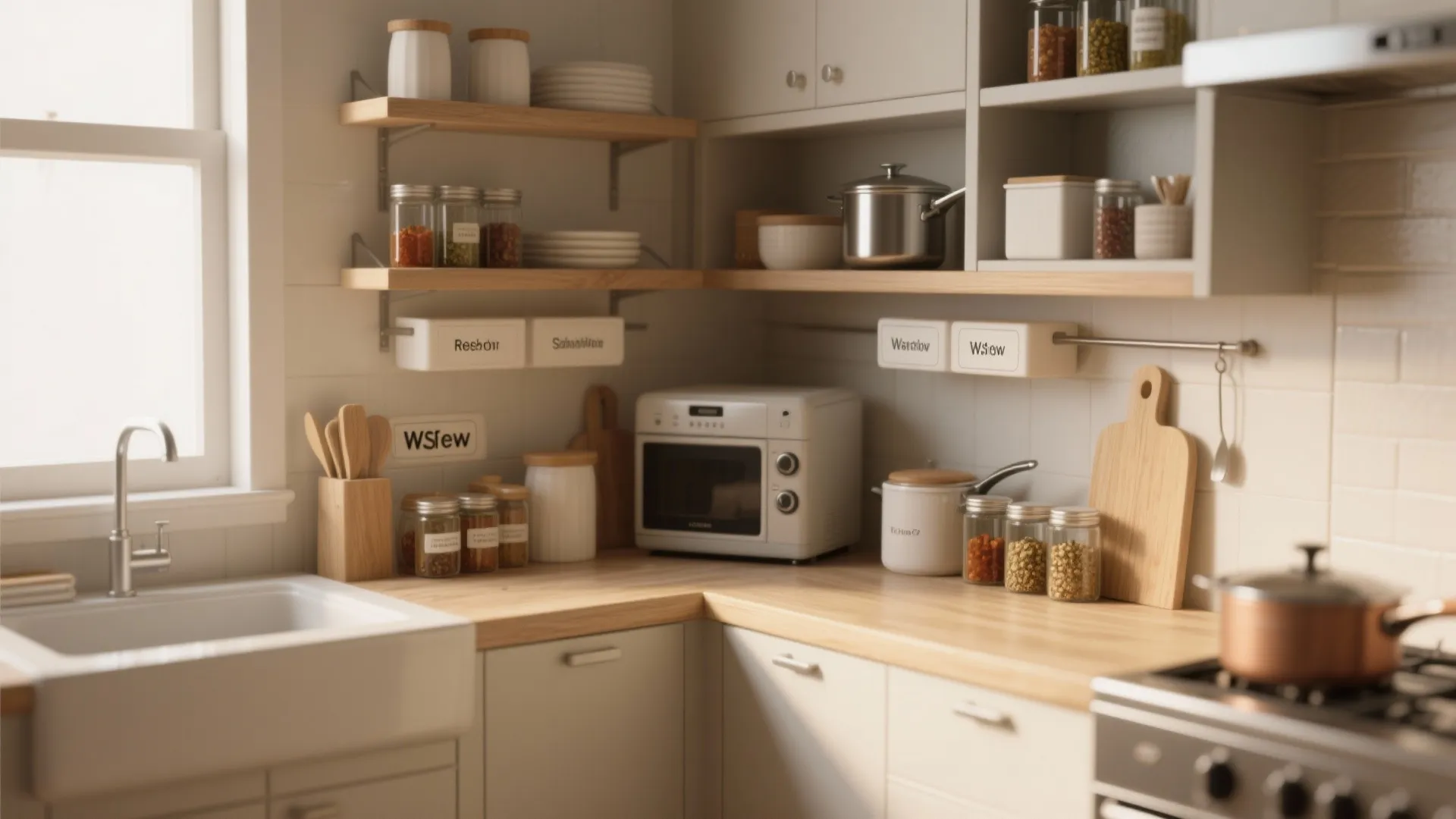 Organized kitchen corner featuring open wooden shelves with glass jars above a white ceramic sink