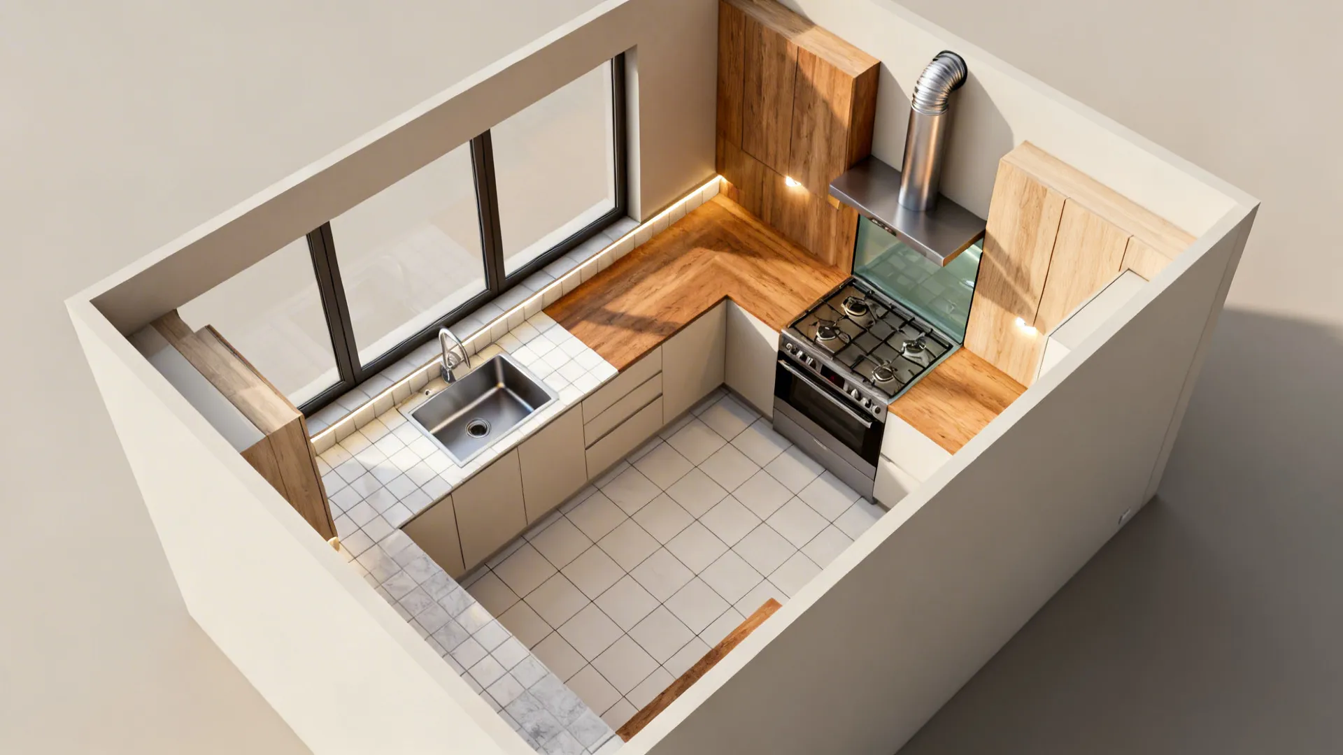 Top-down kitchen plan showing wood feature zones, glass splash, and ventilation routing.