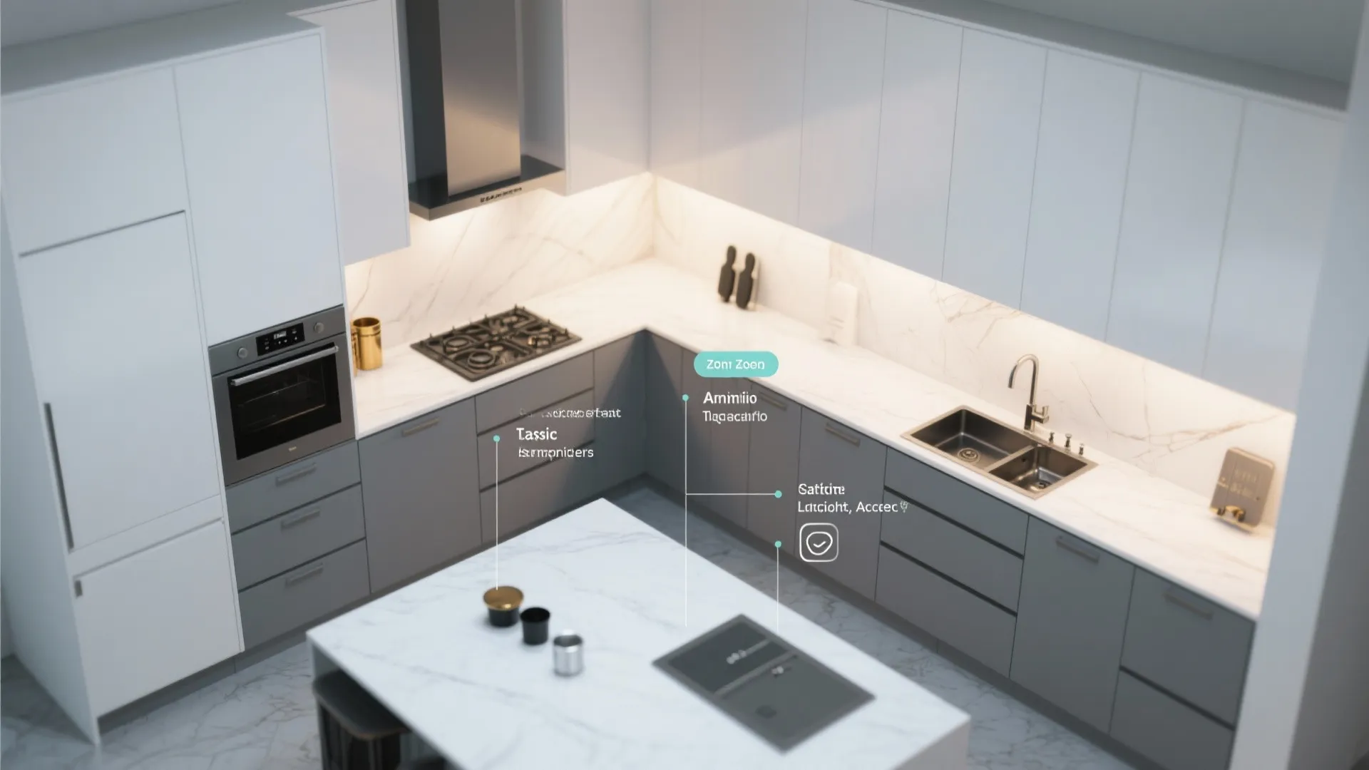 Top-down kitchen mockup illustrating white and gray zoning, lighting layers, and hardware options.