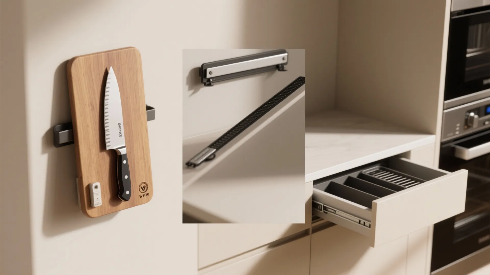 Comparison of kitchen knife storage solutions showing wall magnetic strip and an organized cabinet drawer